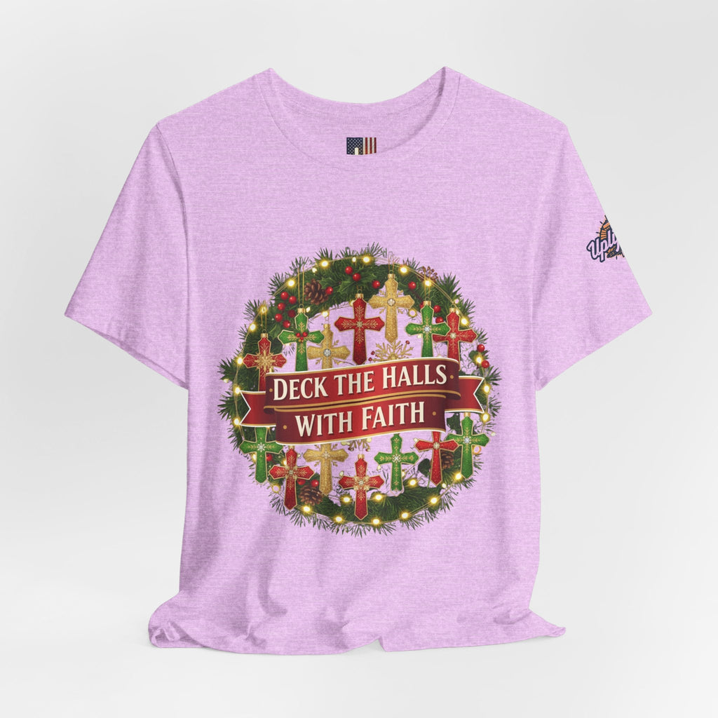 🎄 Deck the Halls with Faith – Christian Christmas T-Shirt | Cross Ornament Design & Festive Garland | Bold Holiday Faith Tee by Uplifted Gear Printify