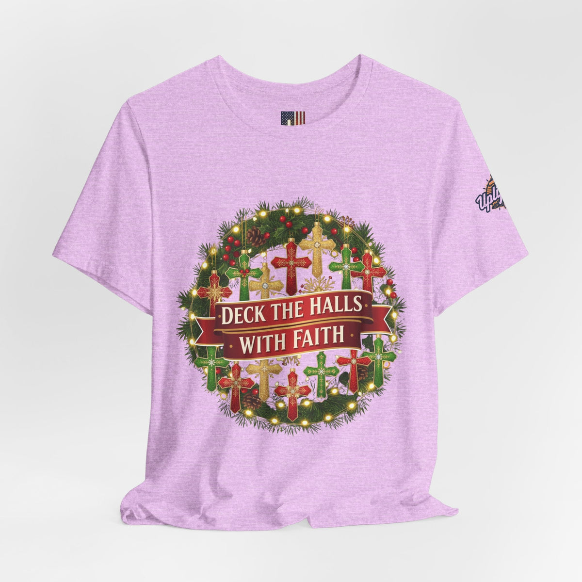 🎄 Deck the Halls with Faith – Christian Christmas T-Shirt | Cross Ornament Design & Festive Garland | Bold Holiday Faith Tee by Uplifted Gear Printify