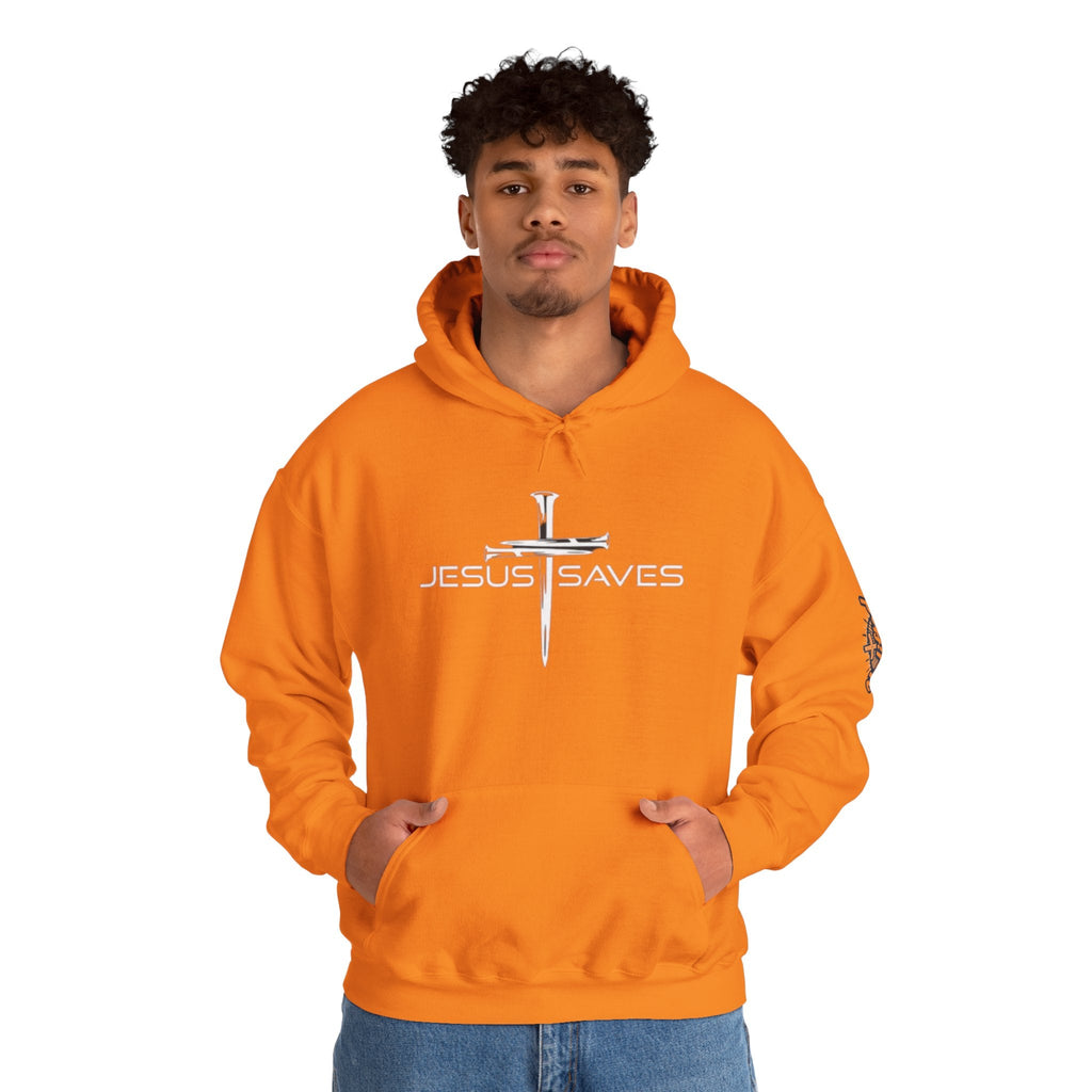 Jesus Saves Hoodie – 3 Nails Crucifix Cross Christian Sweatshirt for Redemption Faith & Bold Salvation Printify