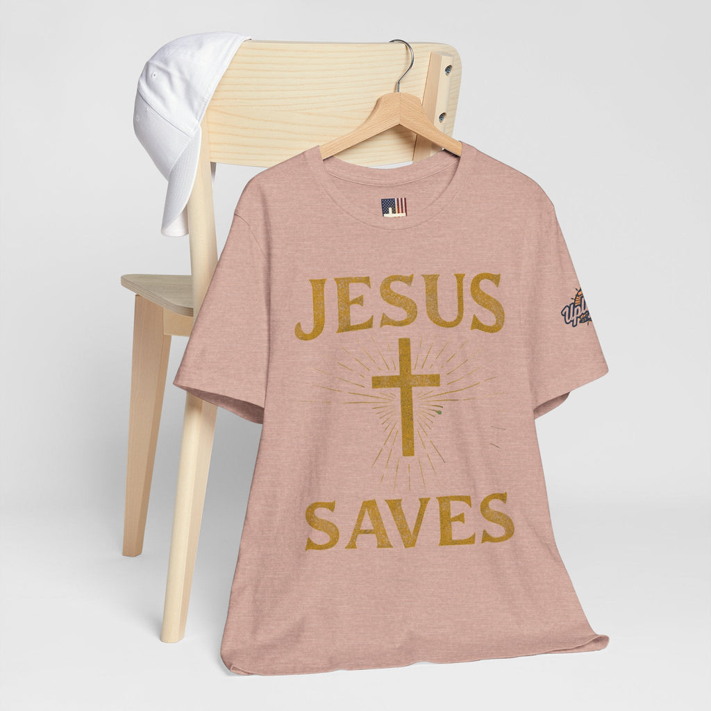Jesus Saves T-shirt – Radiant Cross & Rays of Light Christian T-shirt for Eternal Hope & Faith Printify