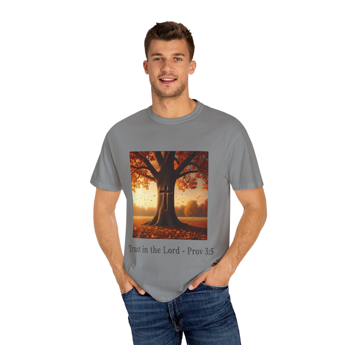Trust in the Lord T-Shirt – Autumn Tree Christian Tee with Proverbs 3:5 Printify