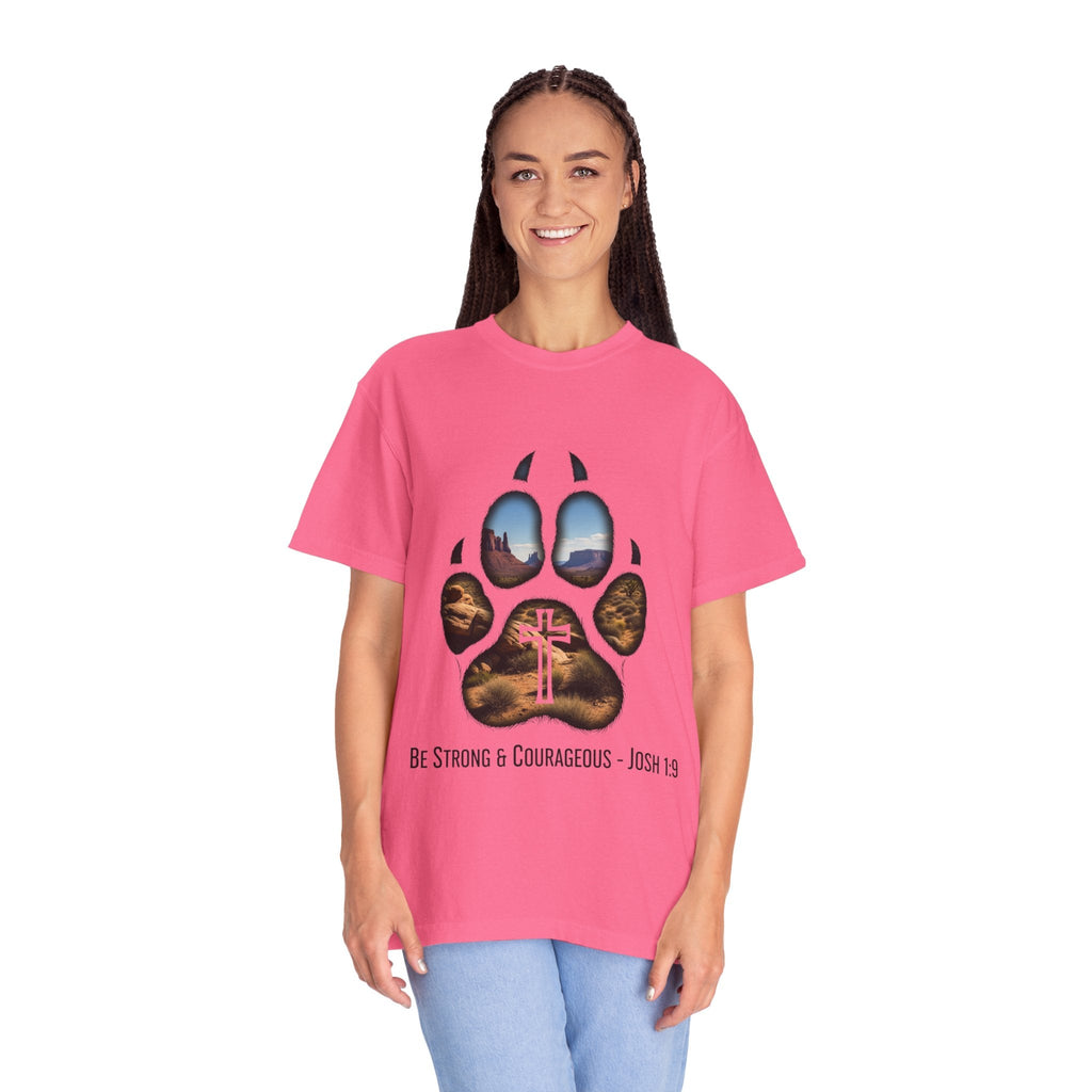 Strong and Courageous T-Shirt – Canine Pawprint Desert Joshua 1:9 Christian Tee Printify