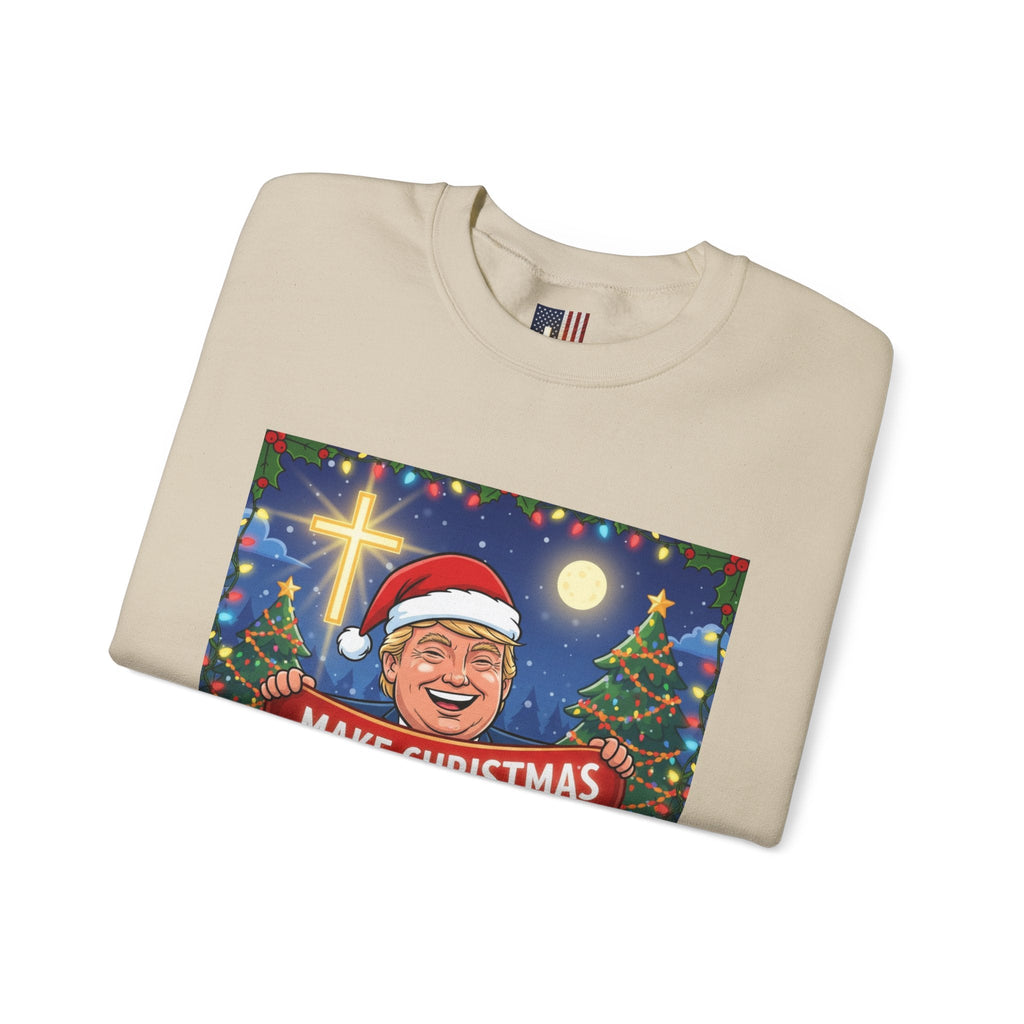 🎄 Make Christmas Great Again – Patriotic Christian Christmas Sweatshirt | Bold Holiday Faith Tee | Red & White Banner Design | Uplifted Gear Printify