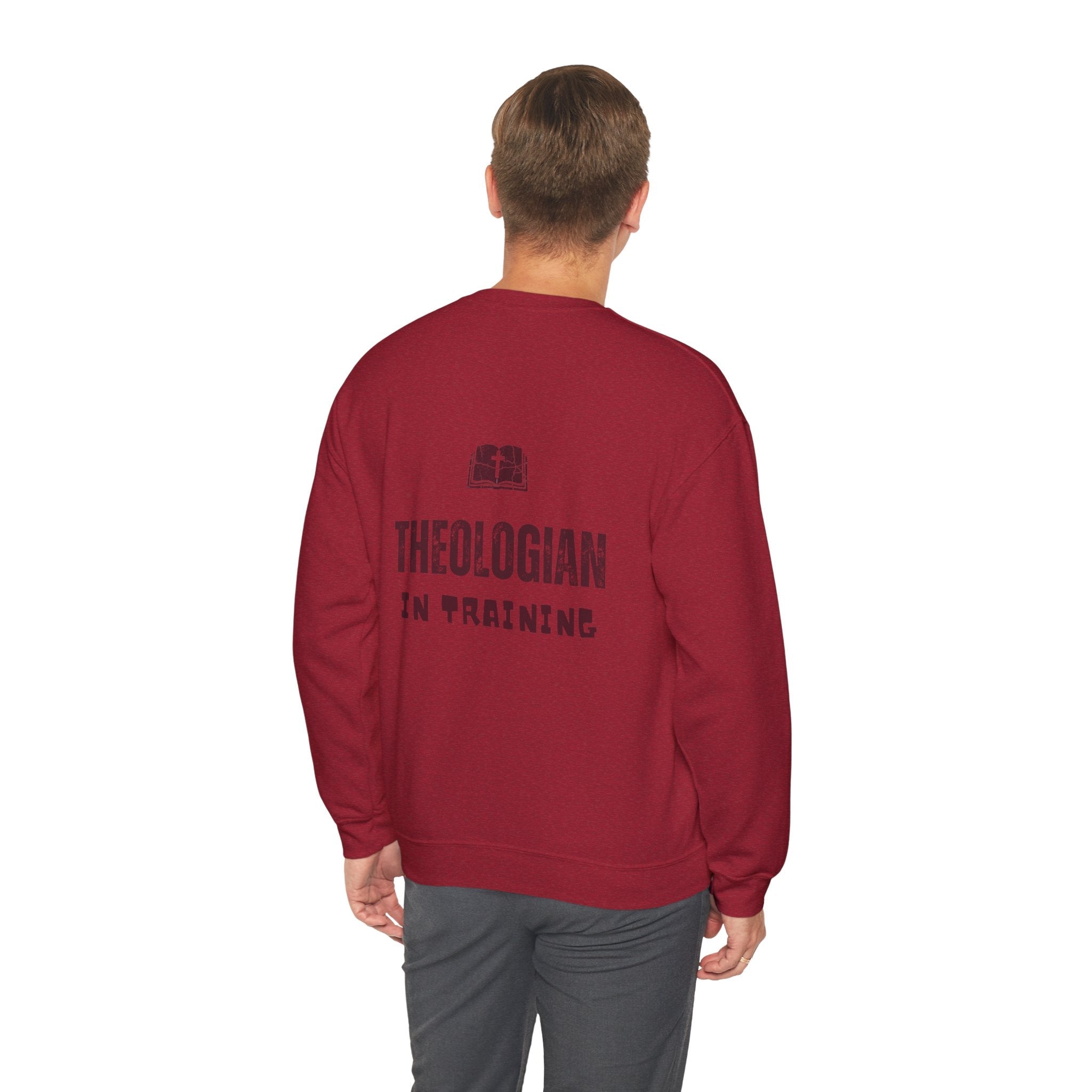 Theologian in Training Sweatshirt – Open Bible & Cross Christian Sweatshirt for Faithful Growth Printify
