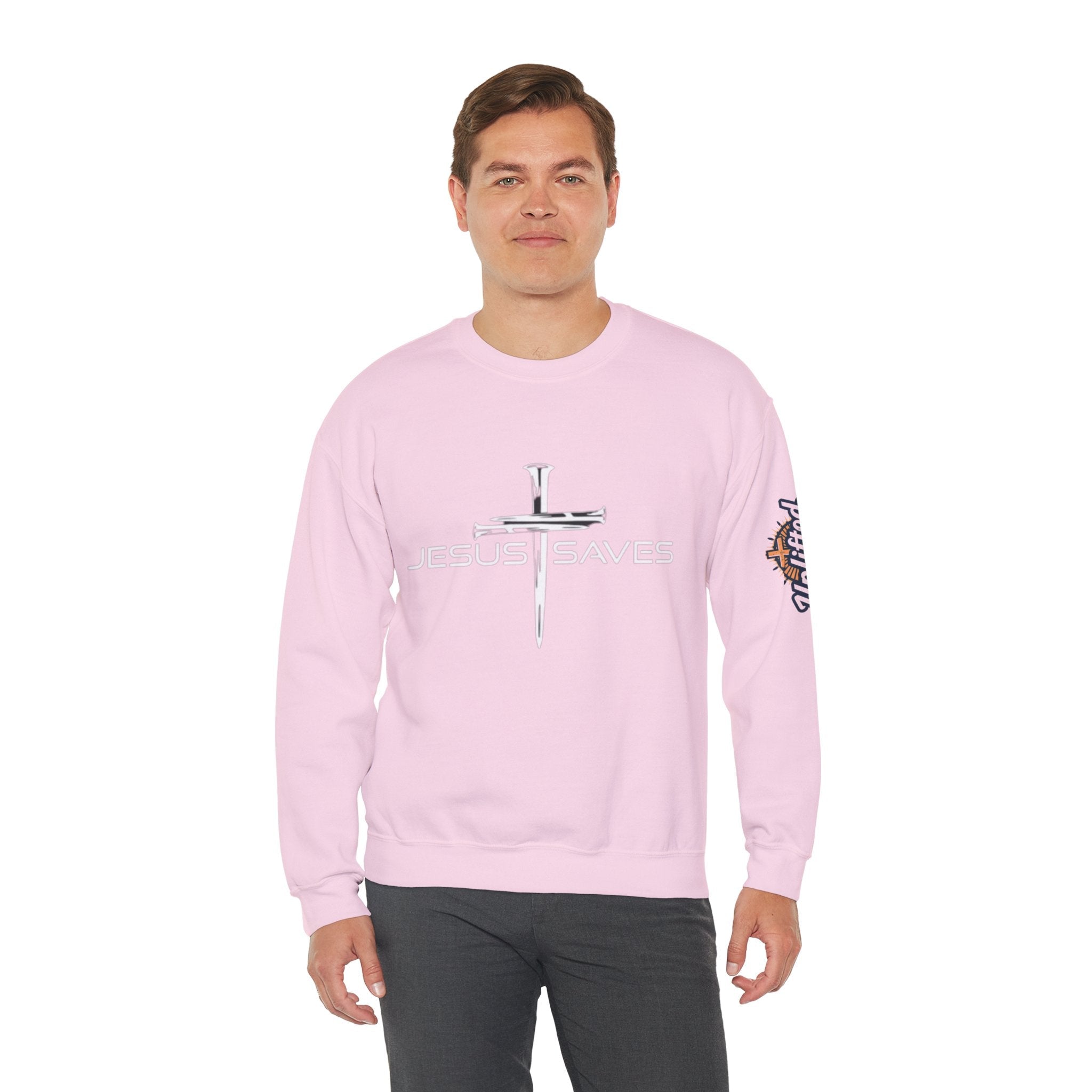 Jesus Saves Sweatshirt – 3 Nails Crucifix Cross Christian Sweatshirt for Redemption Faith & Bold Salvation Printify