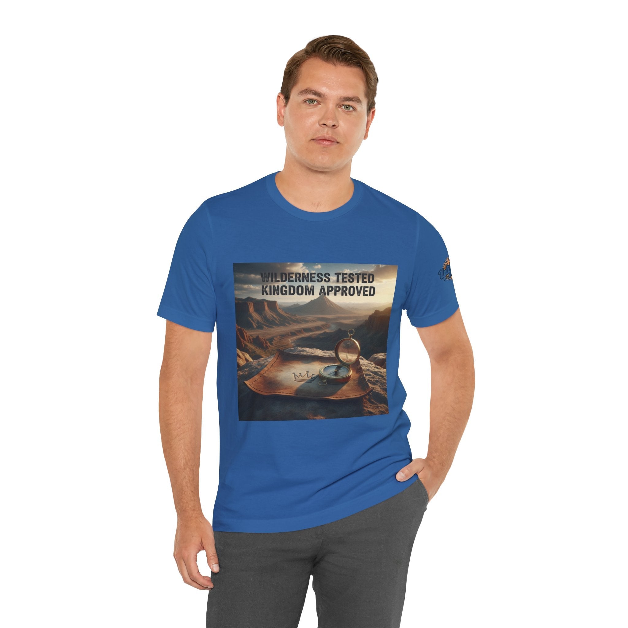 Wilderness Tested Kingdom Approved T-shirt – Mountain Desert Compass Crown Christian T-shirt for Biblical Adventure Faith Printify