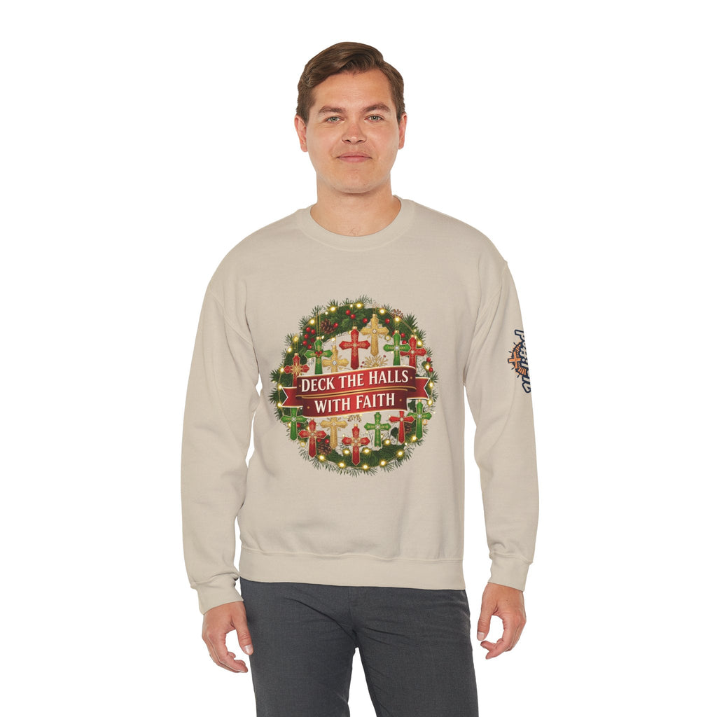 🎄 Deck the Halls with Faith – Christian Christmas Sweatshirt | Cross Ornament Design & Festive Garland | Bold Holiday Faith Tee by Uplifted Gear Printify