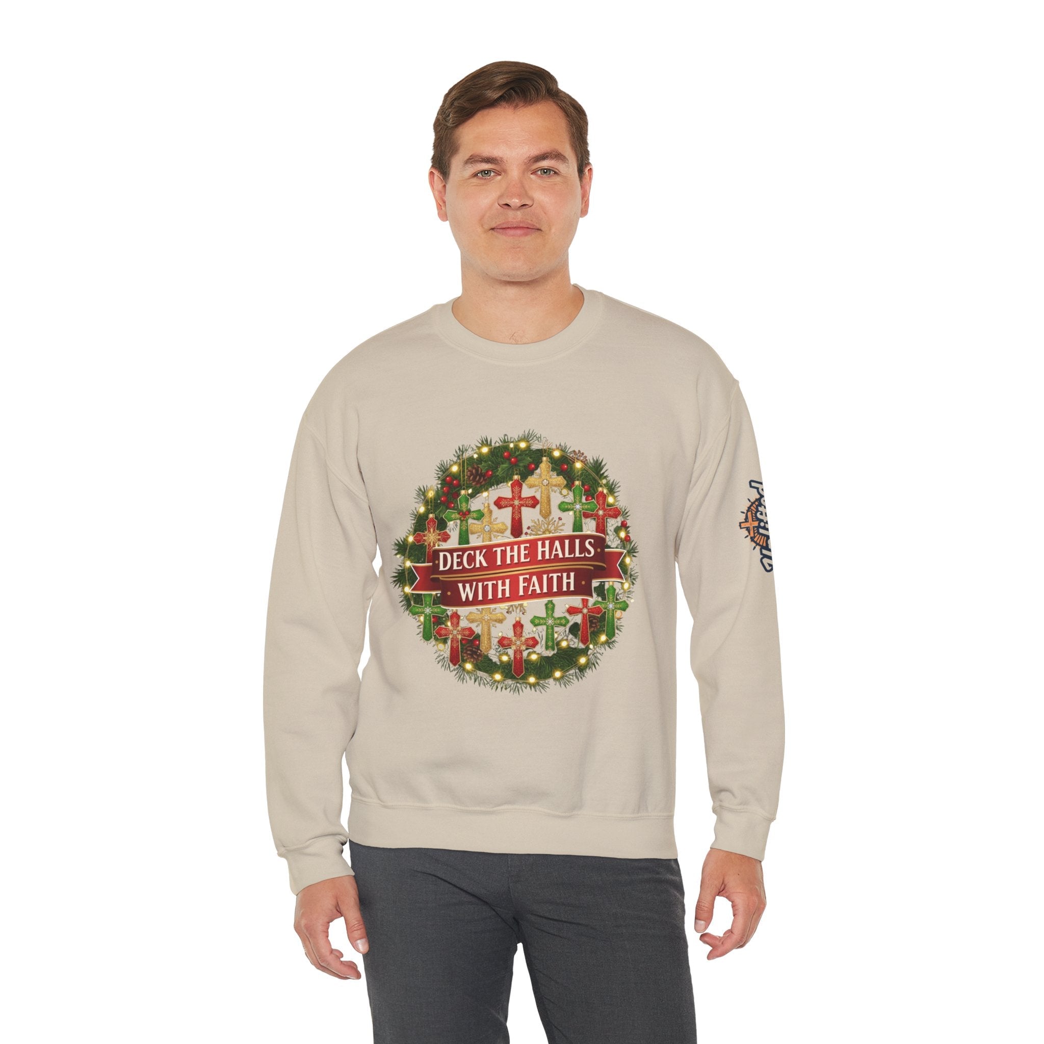 🎄 Deck the Halls with Faith – Christian Christmas Sweatshirt | Cross Ornament Design & Festive Garland | Bold Holiday Faith Tee by Uplifted Gear Printify