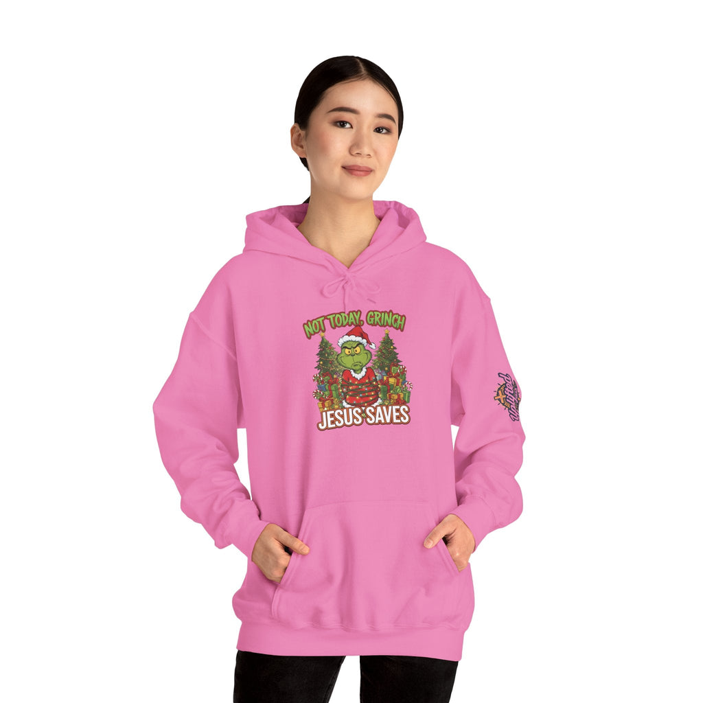 🎄 Not Today, Grinch – Jesus Saves | Funny Christian Christmas Hoodie | Sulking Grinch & Glowing Cross | Bold Neon Faith Tee by Uplifted Gear Printify