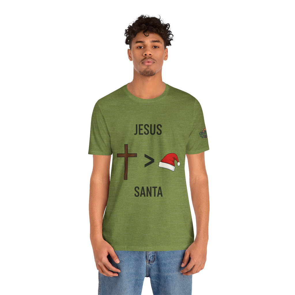 🎄 Jesus > Santa – Minimalist Christian Christmas T-Shirt | Bold Faith Over Holiday Tee | Cross vs Santa Hat Design | Uplifted Gear Printify