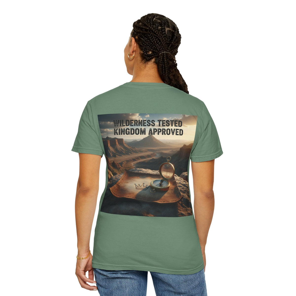 Wilderness Tested Kingdom Approved T-shirt – Mountain Desert Compass Crown Christian T-shirt for Biblical Adventure Faith Printify