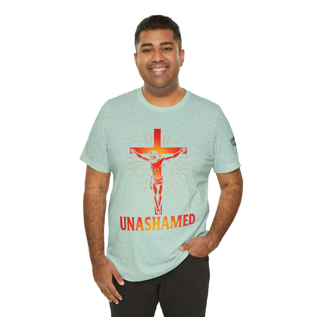 Unashamed T-shirt – Romans 1:16 Crucifixion Christian t-shirt for Bold Unwavering Faith Printify