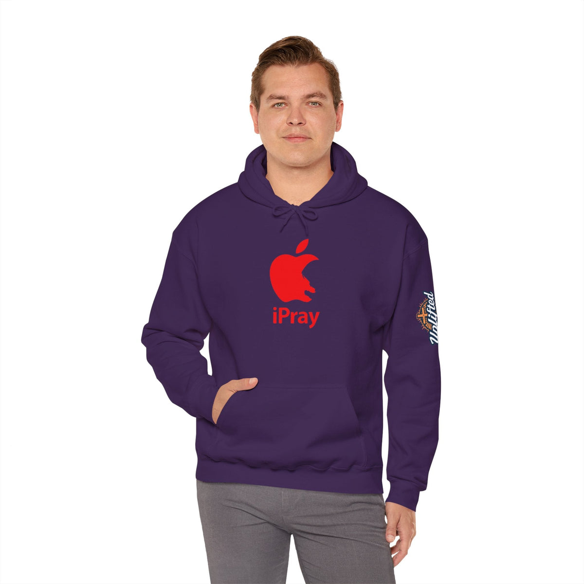 iPray Apple Logo Hoodie — Funny Christian Hoodie (Minimal Red Apple Graphic) Printify