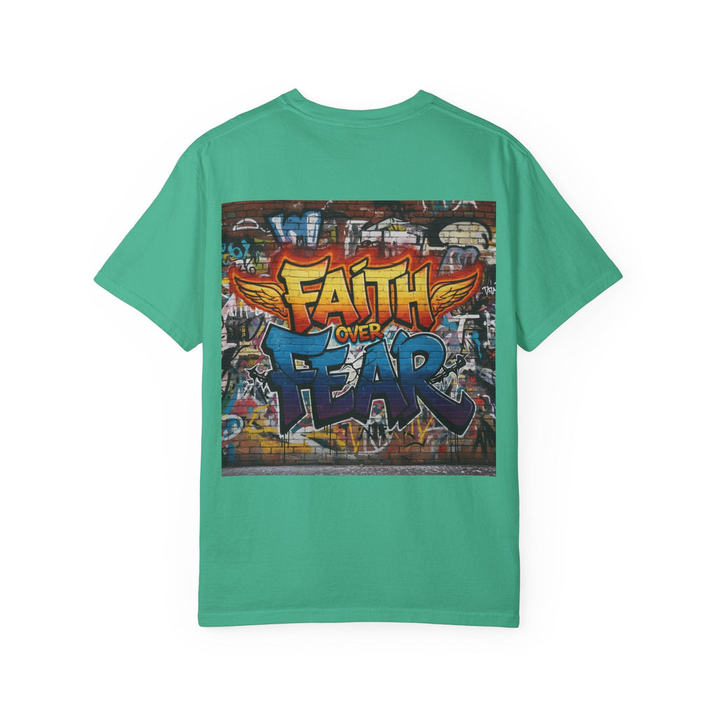Faith Over Fear T-shirt – Graffiti Wall Christian T-shirt for Bold 2 Corinthians 5:7 Streetwear & Unshakable Faith Printify