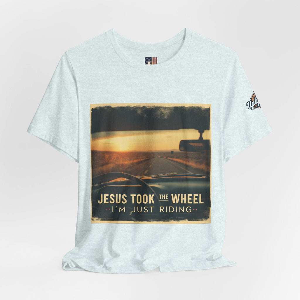 Jesus Took the Wheel I'm Just Riding T-shirt – Funny Christian Convertible Car T-shirt for Surrendered Faith & Humor Printify