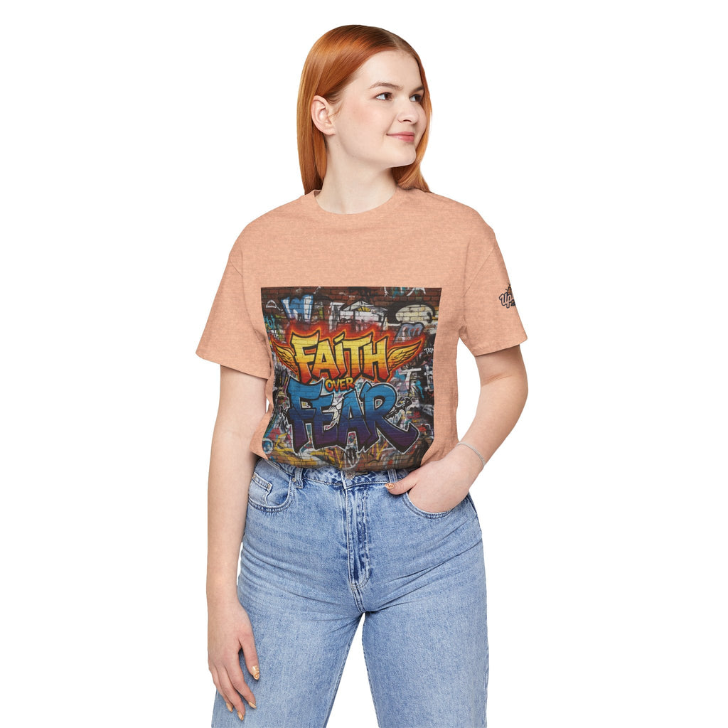 Faith Over Fear T-shirt – Graffiti Wall Christian T-shirt for Bold 2 Corinthians 5:7 Streetwear & Unshakable Faith Printify