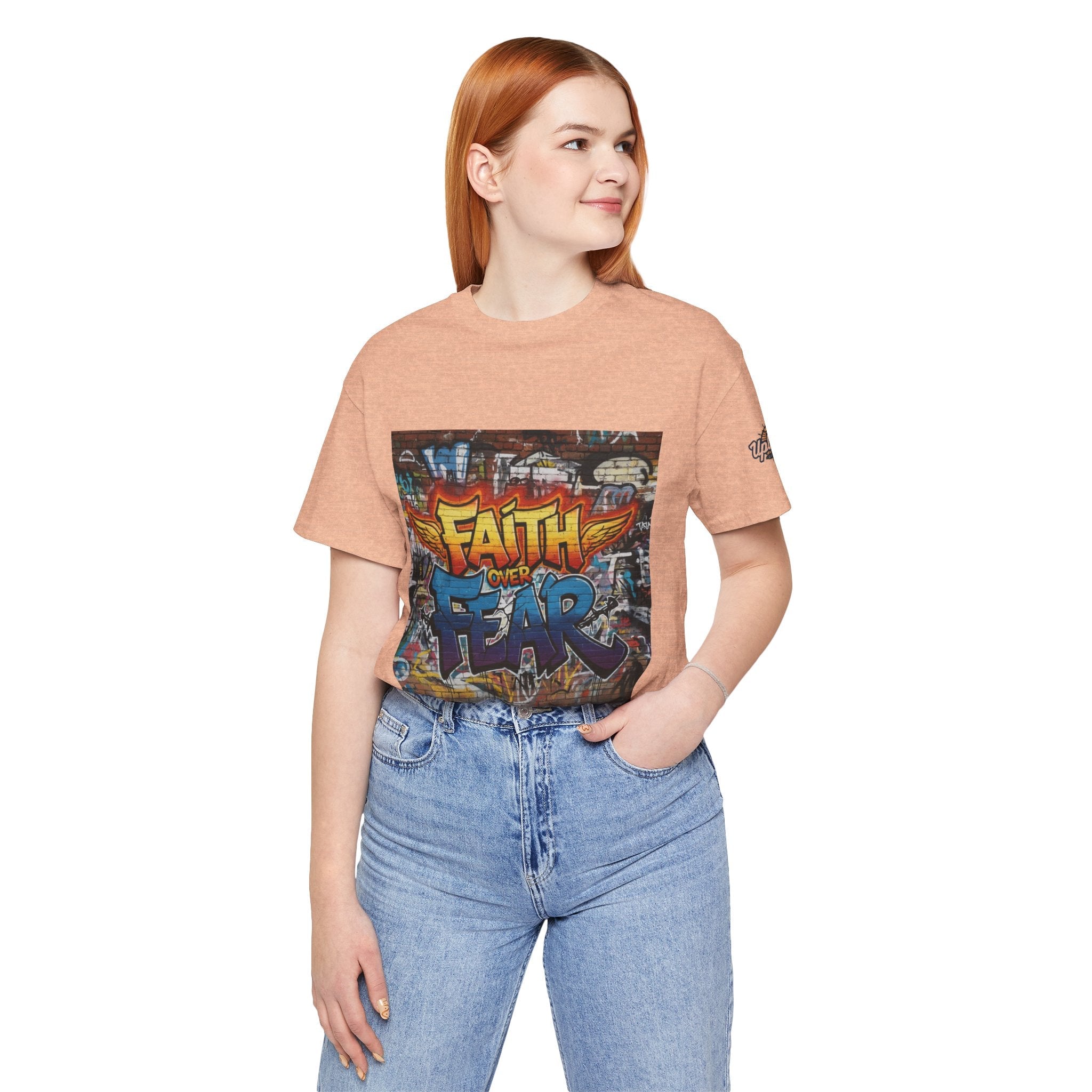 Faith Over Fear T-shirt – Graffiti Wall Christian T-shirt for Bold 2 Corinthians 5:7 Streetwear & Unshakable Faith Printify