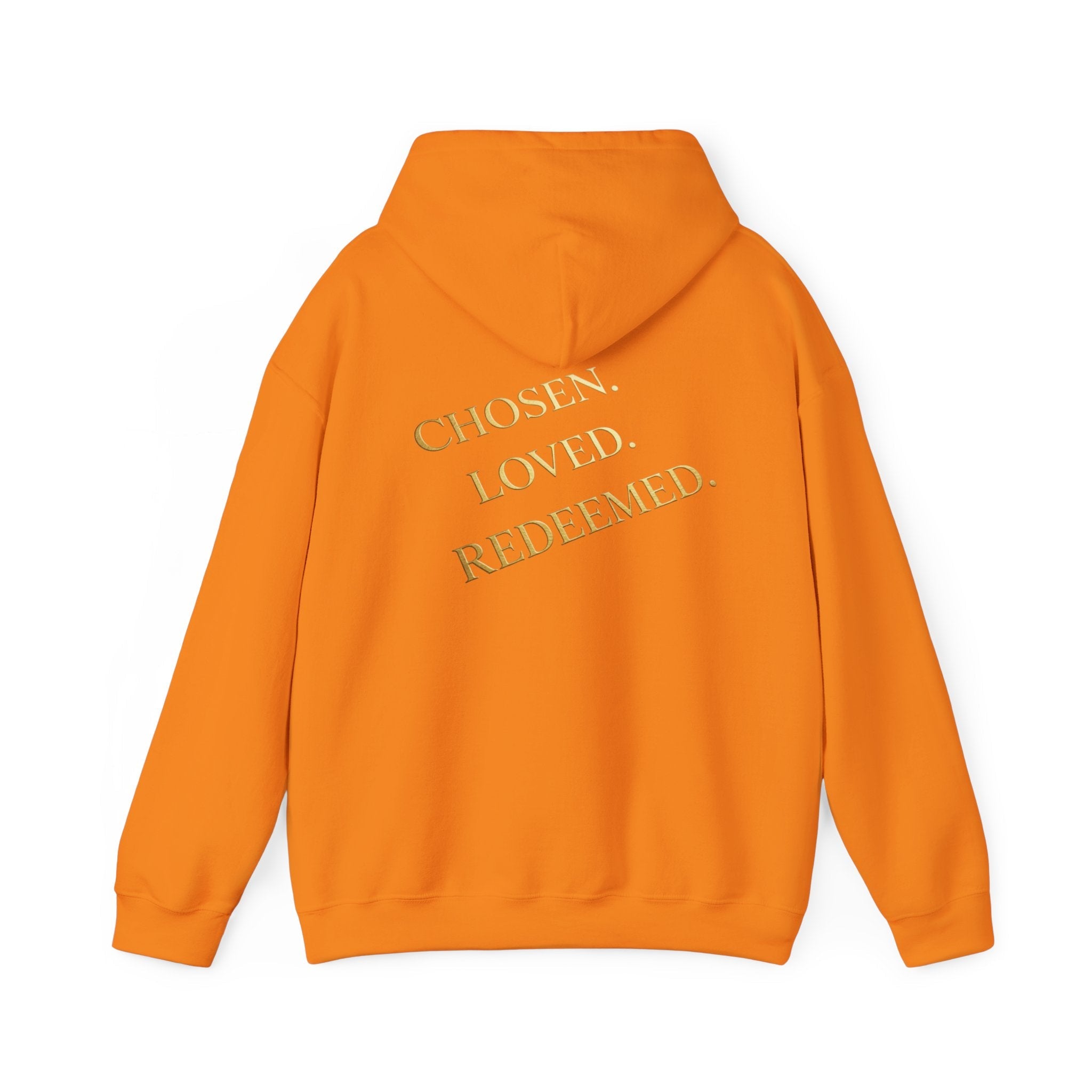 ✨ Chosen. Loved. Redeemed. – Elegant Christian Hoodie | Gold Foil Faith Tee | Subtle Cross & Heart Design | Inspirational Bible Verse Apparel by Uplifted Gear Printify