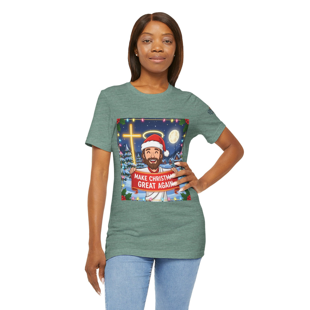 🎄 Make Christmas Great Again – Funny Christian T-Shirt | Jesus Holding Banner | Faith-Based Holiday Parody Tee | Uplifted Gear Printify