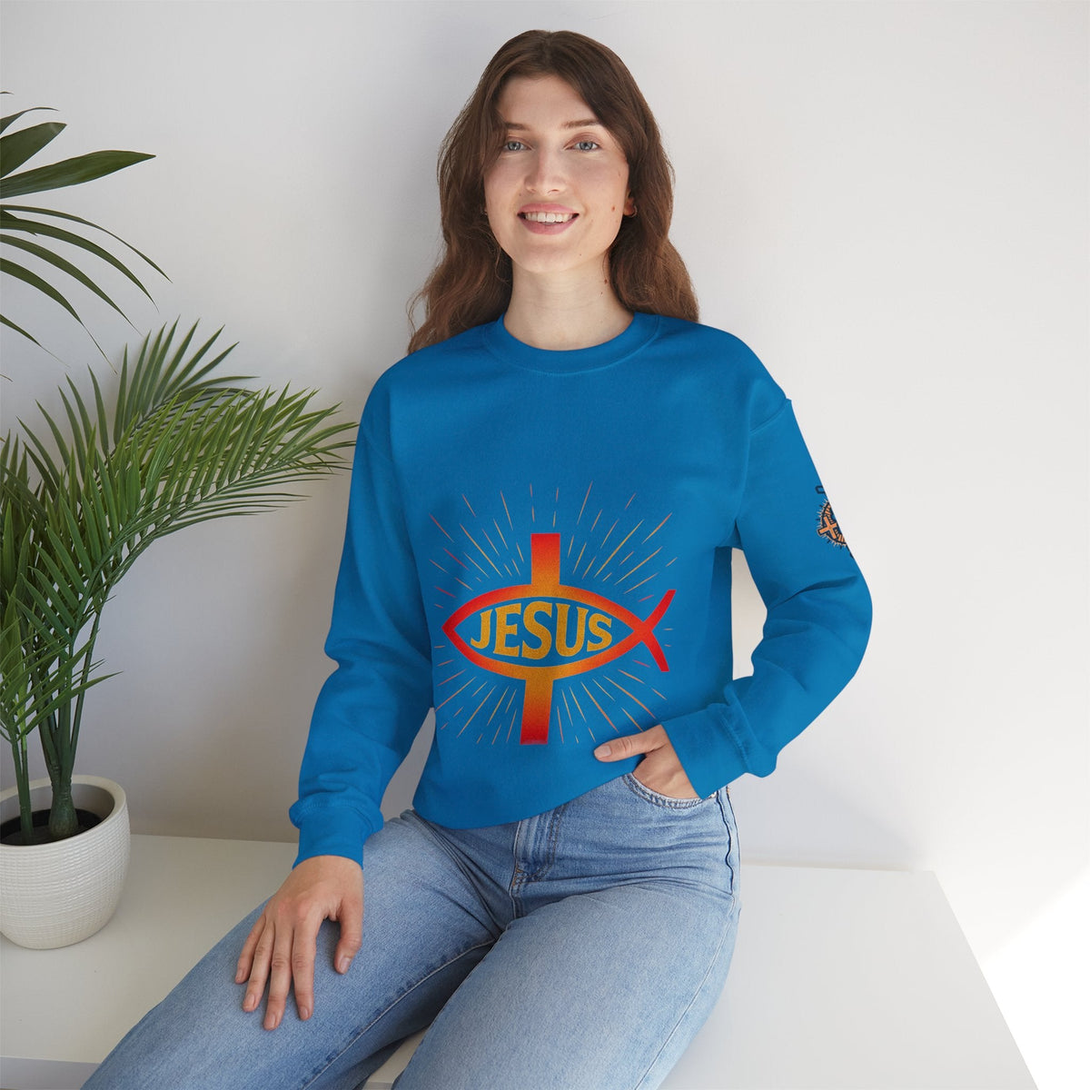 Jesus Ichthys Sweatshirt – Christian Fish Symbol with Cross & Jesus Inscription Sweatshirt for Eternal Faith & Streetwear Printify