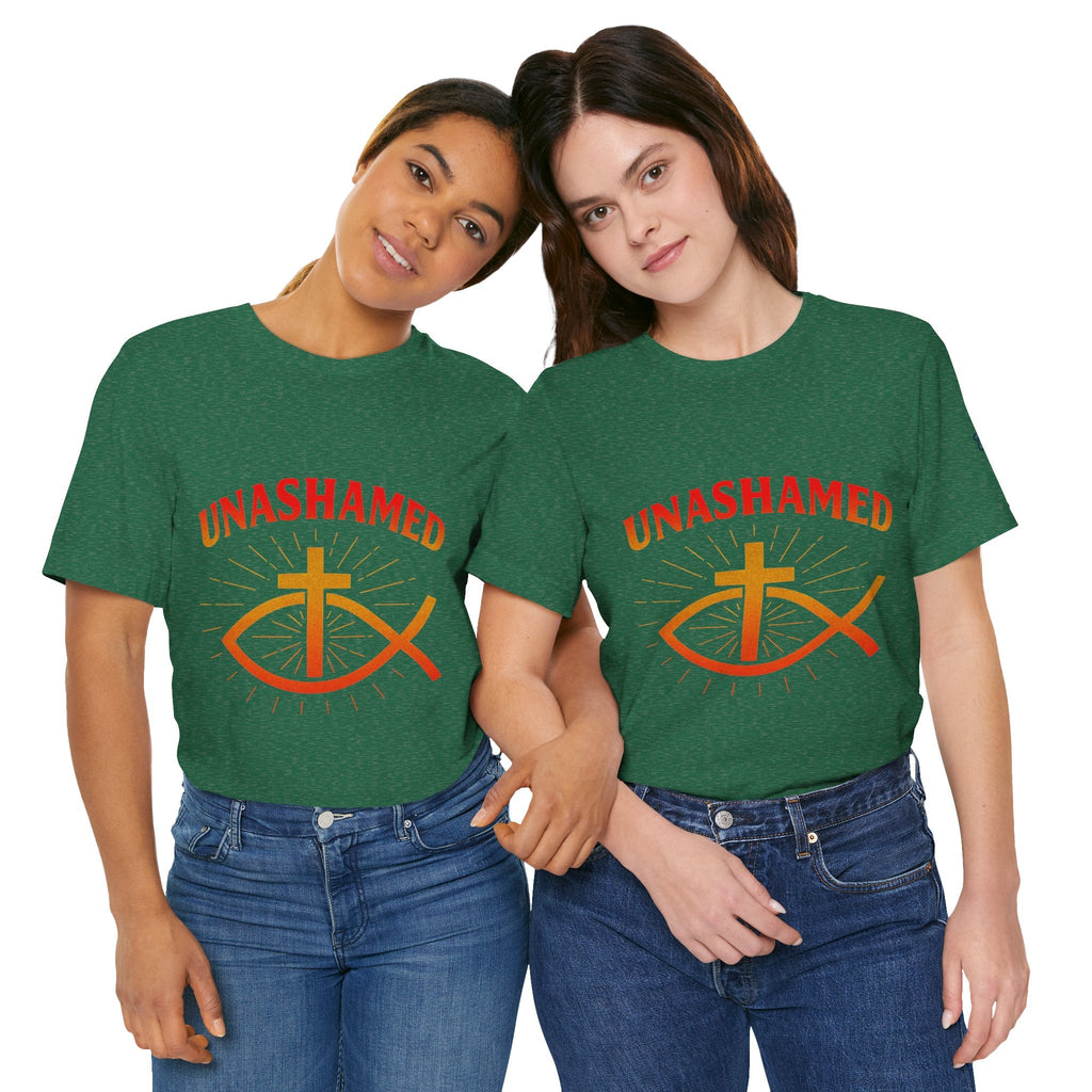 Unashamed T-shirt – Ichthys Jesus Fish & Cross Christian T-shirt for Romans 1:16 Bold Faith Printify
