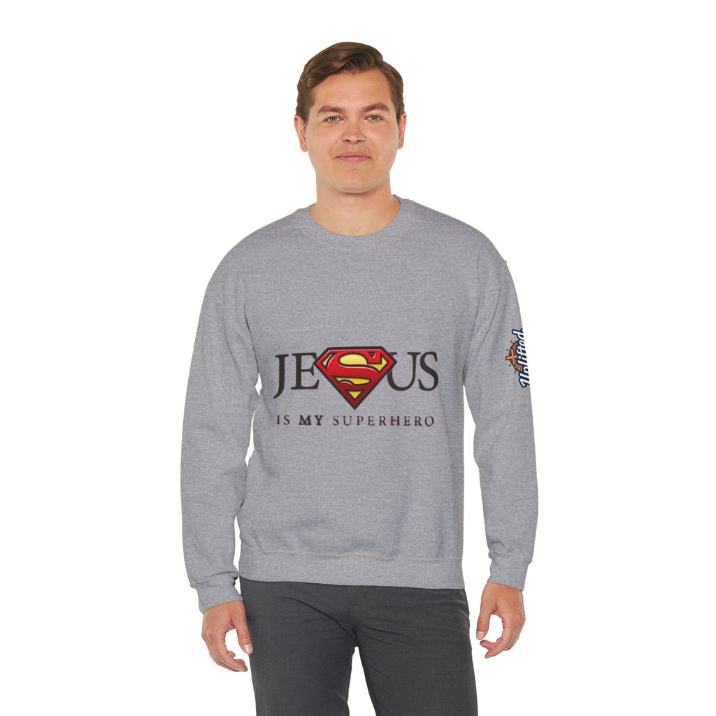 Jesus Is My Superhero Crewneck Sweatshirt Printify