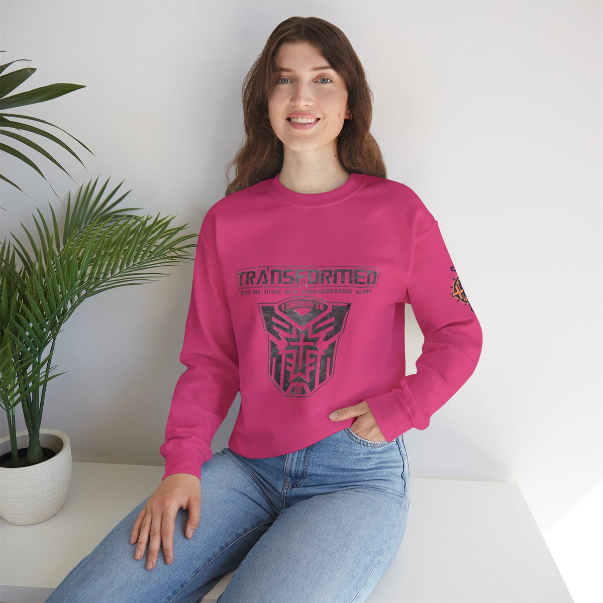 Transformer Logo Christian Sweatshirt | 2 Corinthians 3:18 Bible Verse Sweatshirt Printify