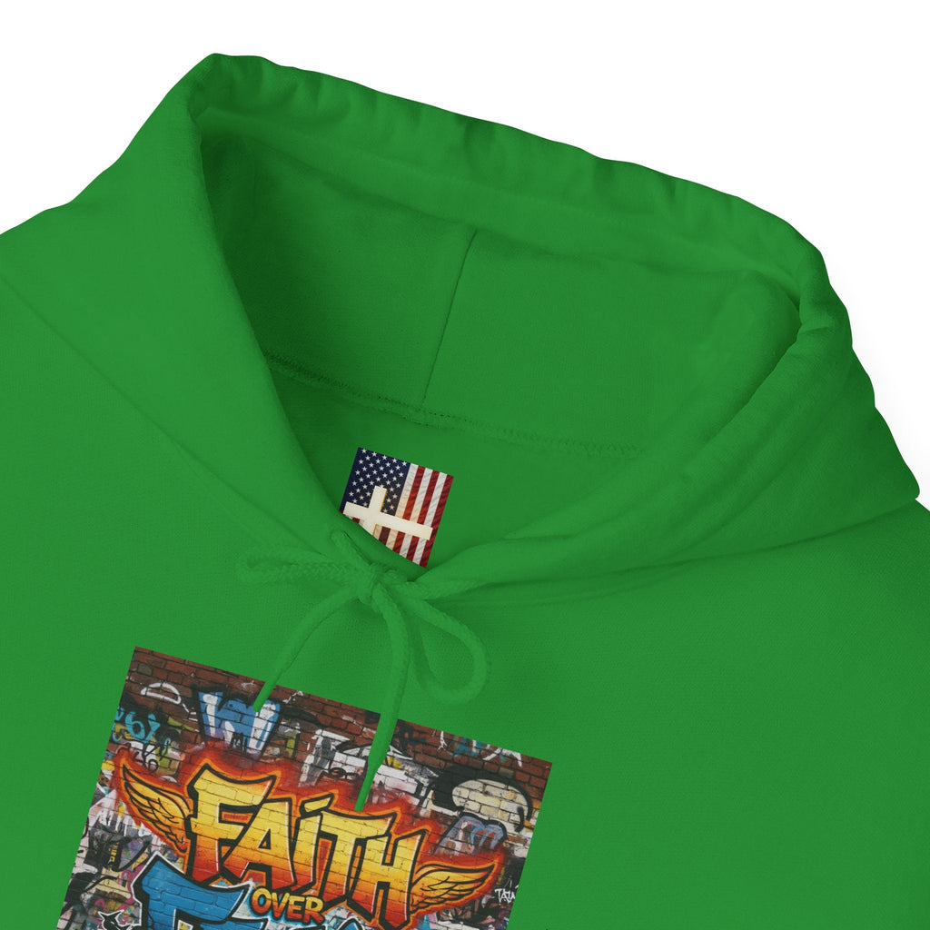Faith Over Fear Hoodie – Graffiti Wall Christian Sweatshirt for Bold 2 Corinthians 5:7 Streetwear & Unshakable Faith Printify