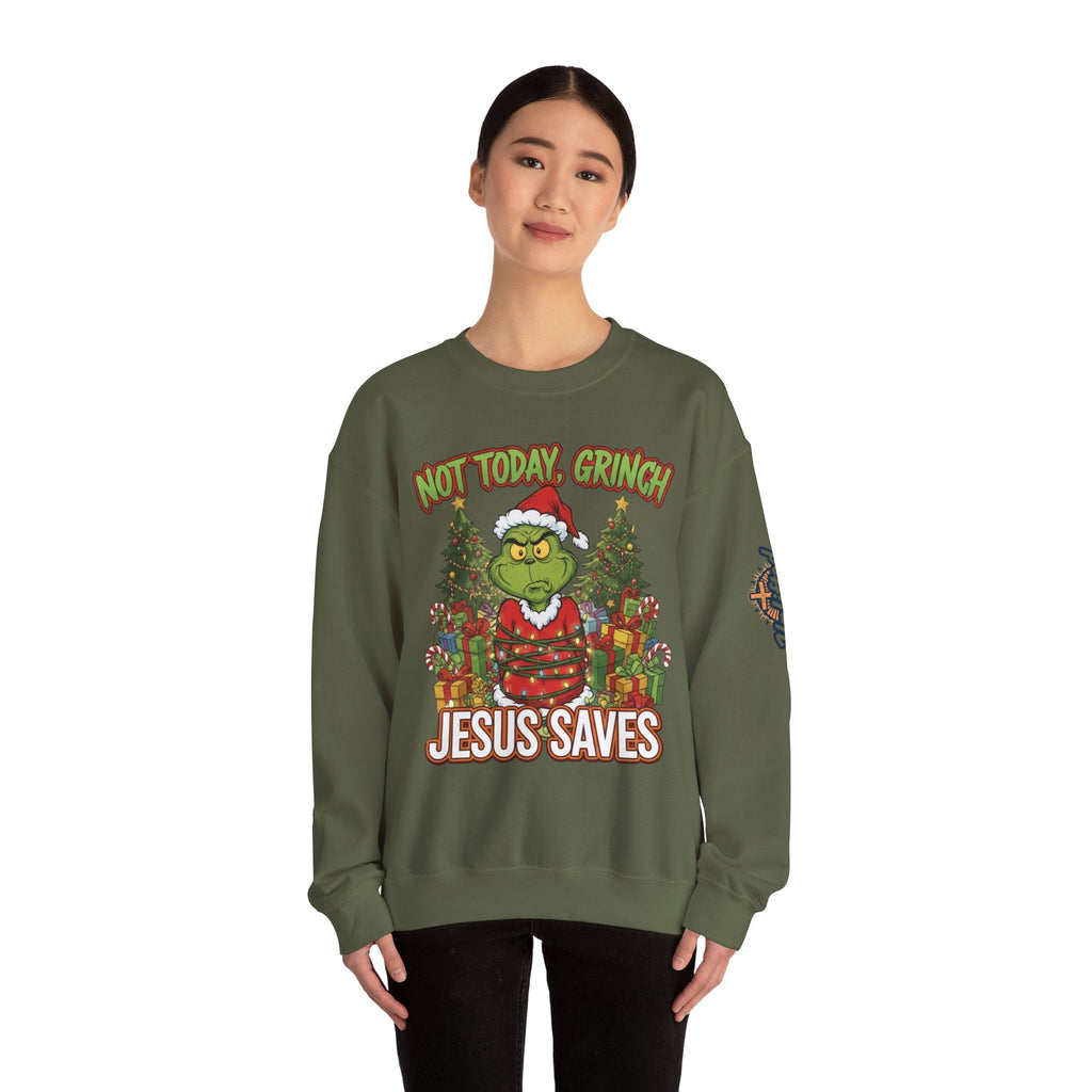 🎄 Not Today, Grinch – Jesus Saves | Funny Christian Christmas Sweatshirt | Sulking Grinch & Glowing Cross | Bold Neon Faith Tee by Uplifted Gear Printify