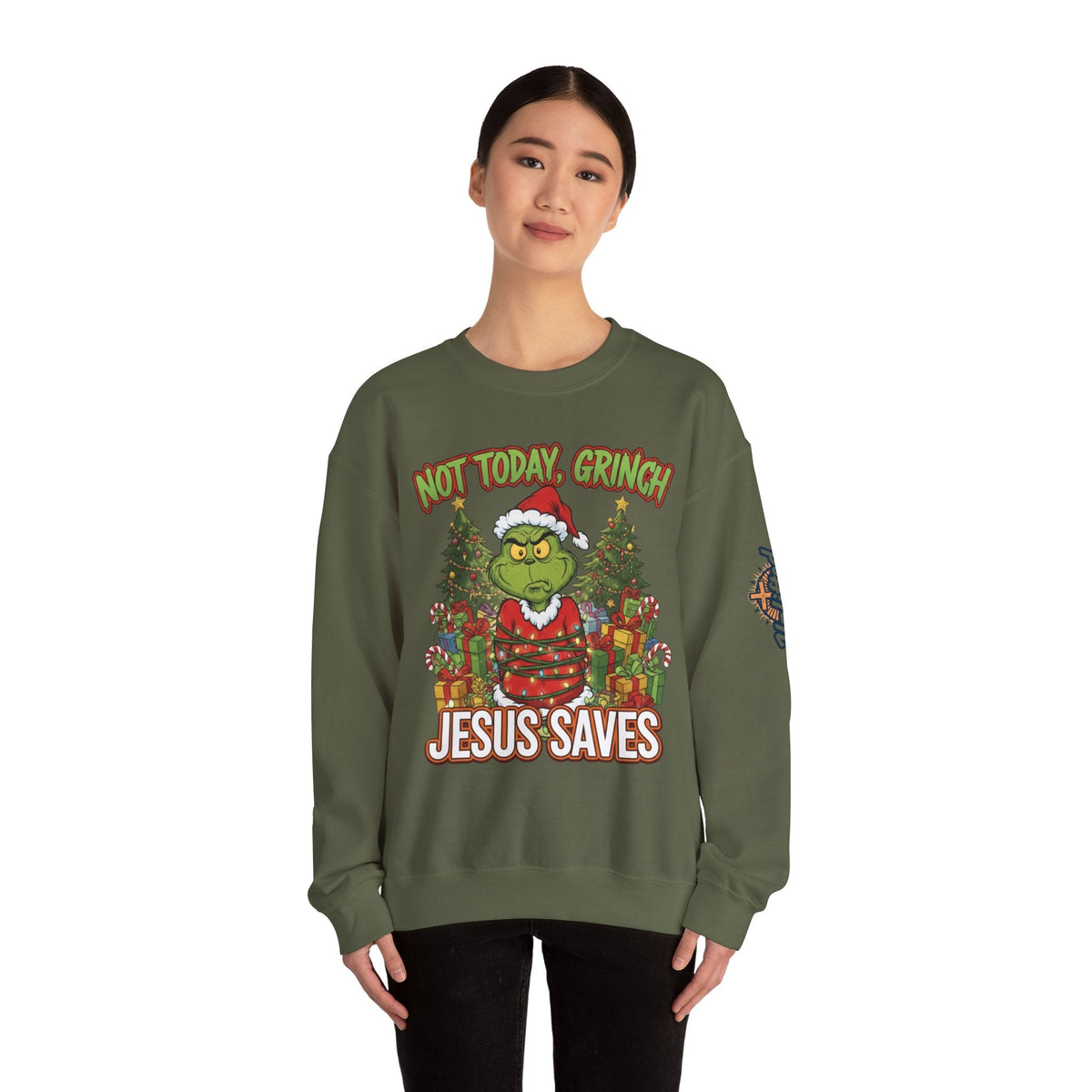 🎄 Not Today, Grinch – Jesus Saves | Funny Christian Christmas Sweatshirt | Sulking Grinch & Glowing Cross | Bold Neon Faith Tee by Uplifted Gear Printify