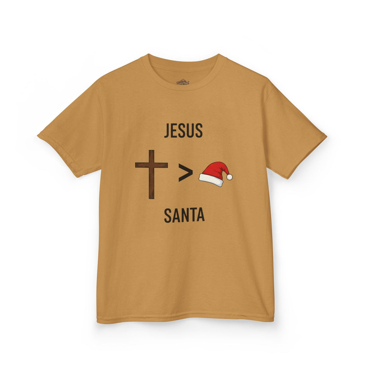 🎄 Jesus > Santa – Minimalist Christian Christmas Kids T-Shirt | Bold Faith Over Holiday Tee | Cross vs Santa Hat Design | Uplifted Gear Printify
