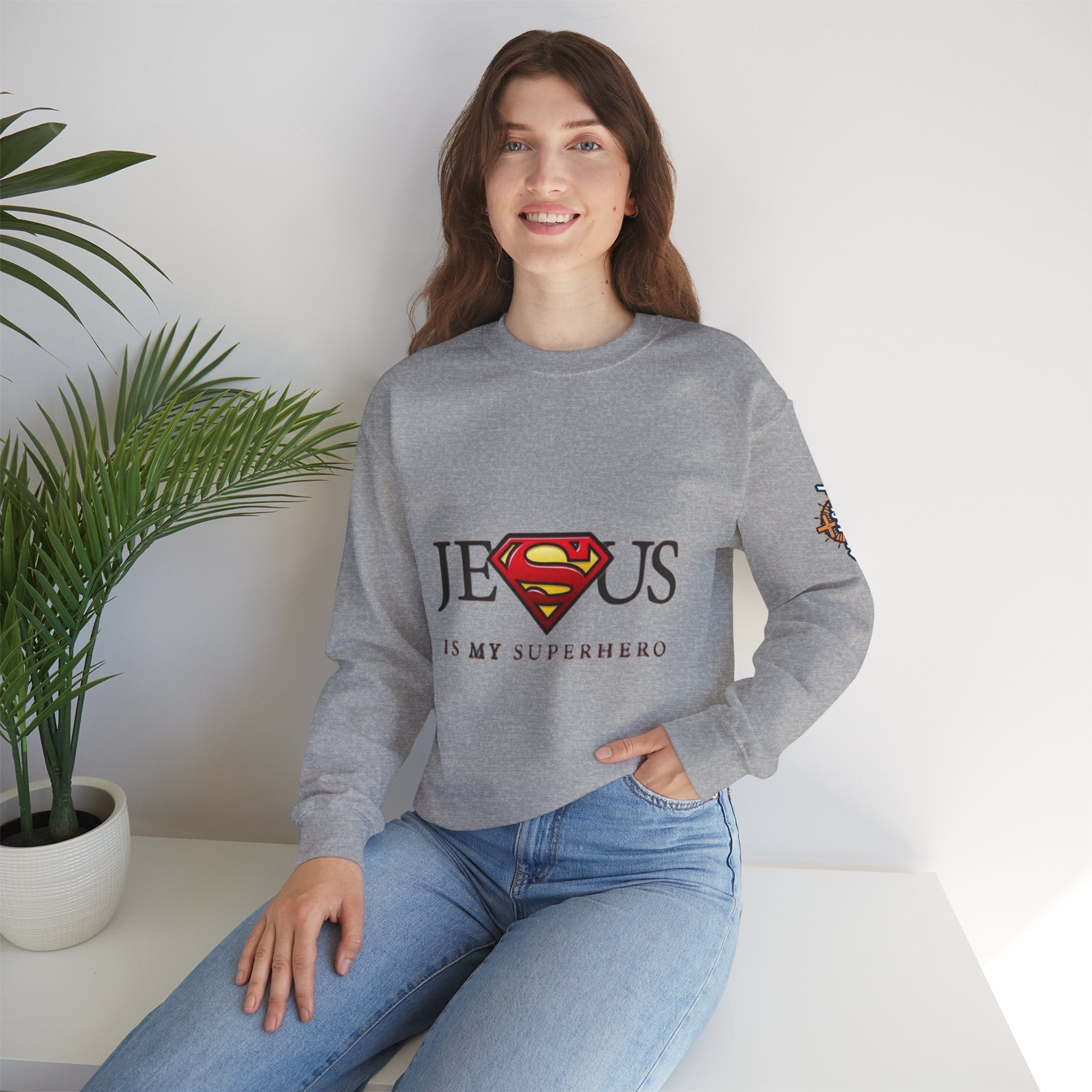 Jesus Is My Superhero Crewneck Sweatshirt Printify