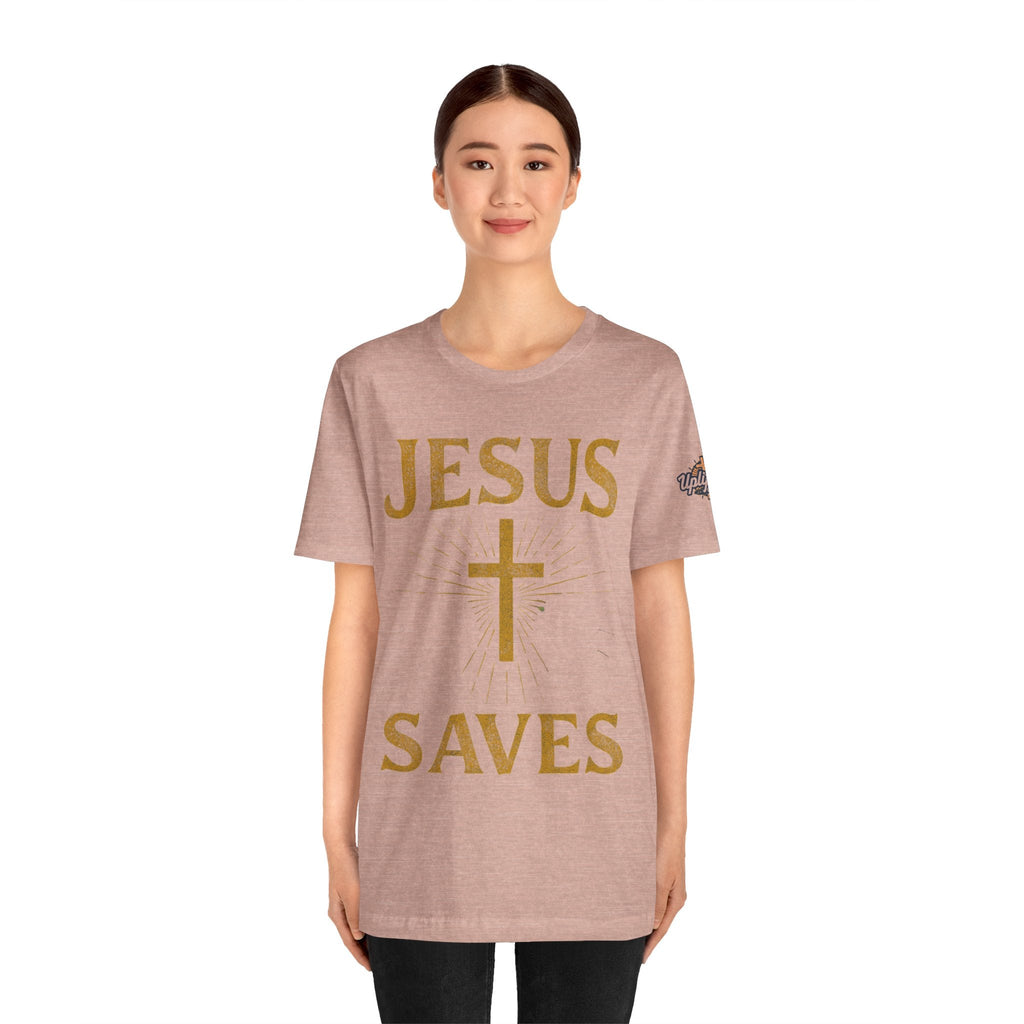 Jesus Saves T-shirt – Radiant Cross & Rays of Light Christian T-shirt for Eternal Hope & Faith Printify