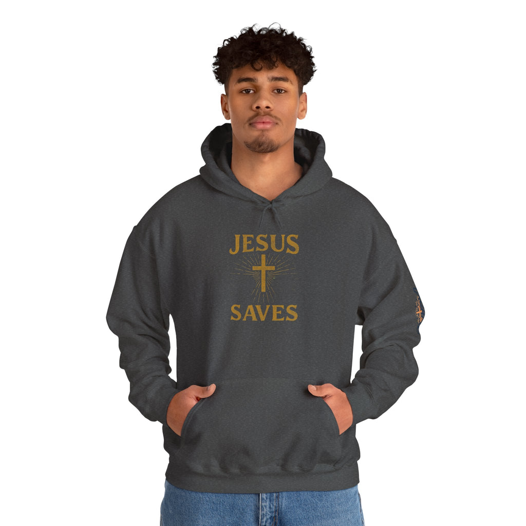 Jesus Saves Hoodie – Radiant Cross & Rays of Light Christian Sweatshirt for Eternal Hope & Faith Printify