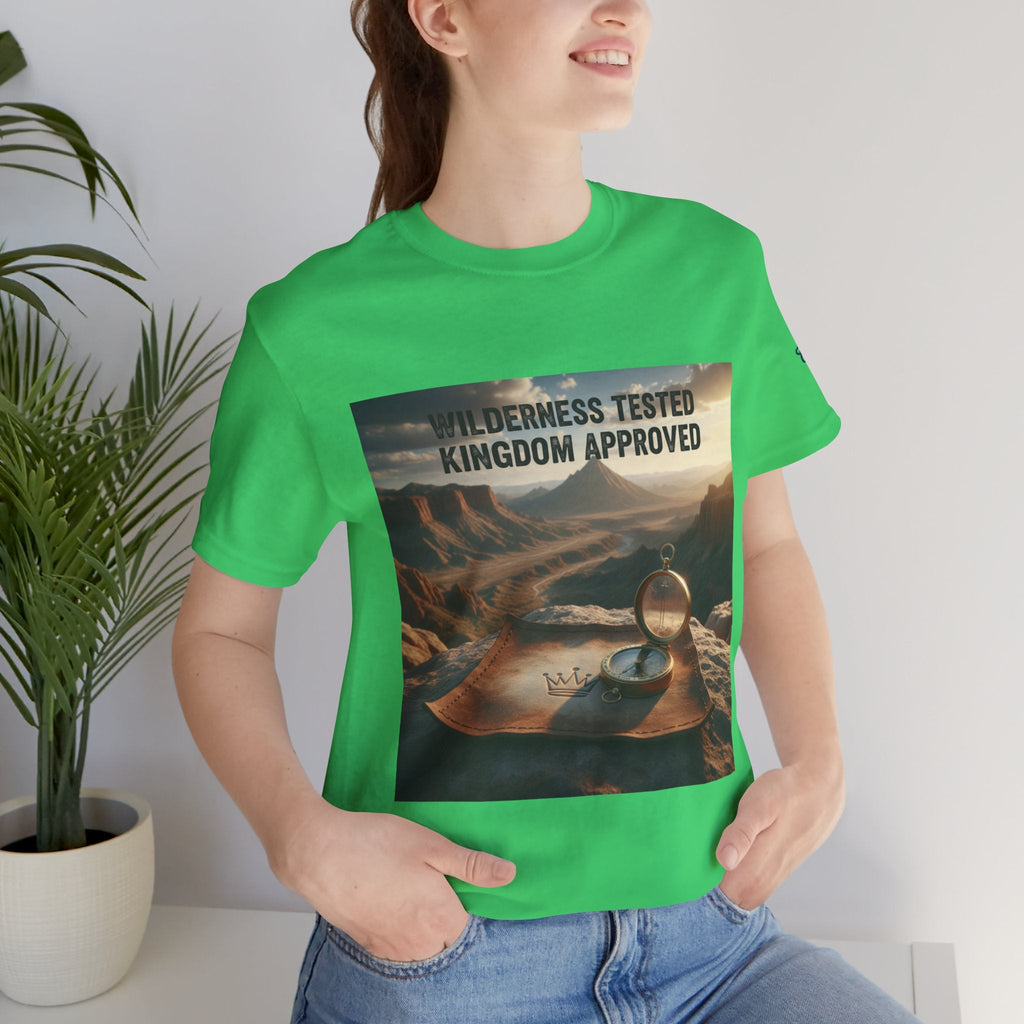 Wilderness Tested Kingdom Approved T-shirt – Mountain Desert Compass Crown Christian T-shirt for Biblical Adventure Faith Printify