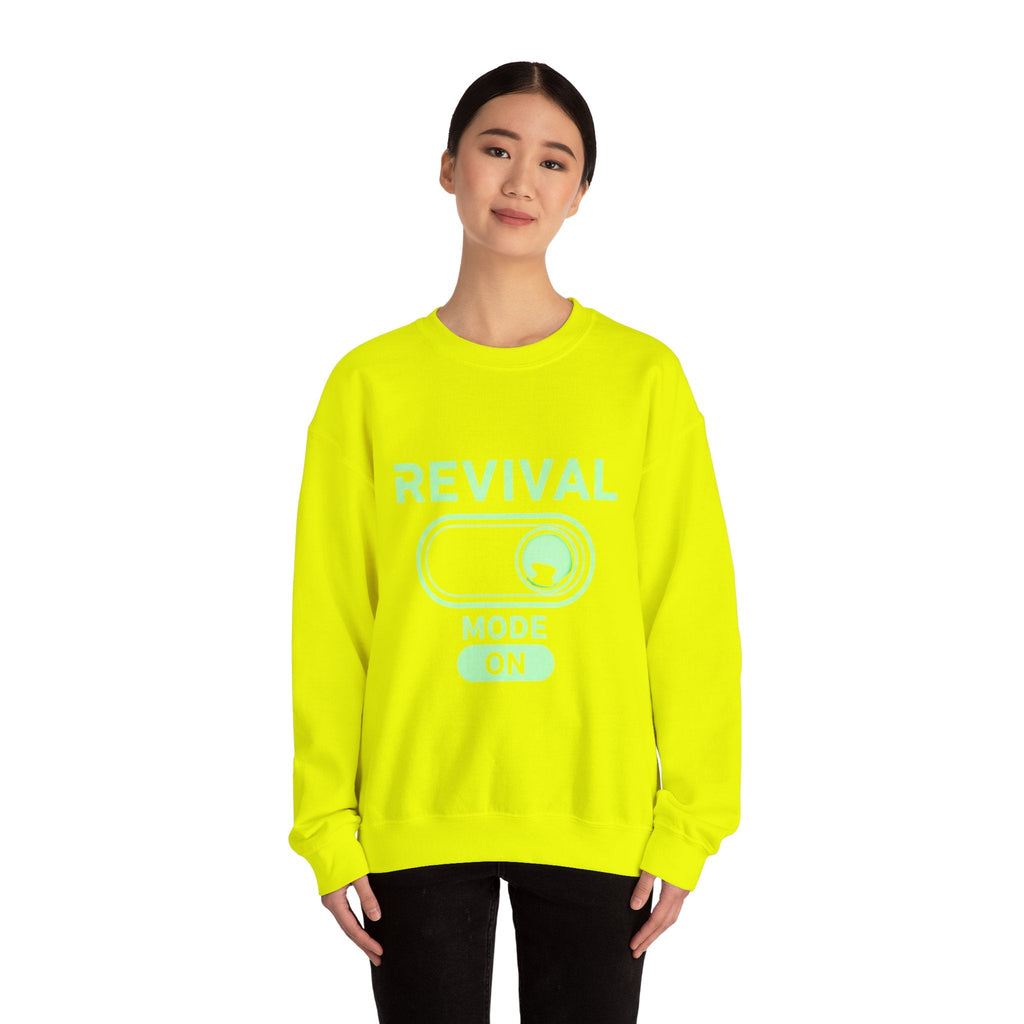 🔥 Revival Mode: ON – Christian Techwear Sweatshirt | Glowing Green Faith Switch | Futuristic Jesus Shirt | Activate Your Spiritual Awakening | Uplifted Gear Printify