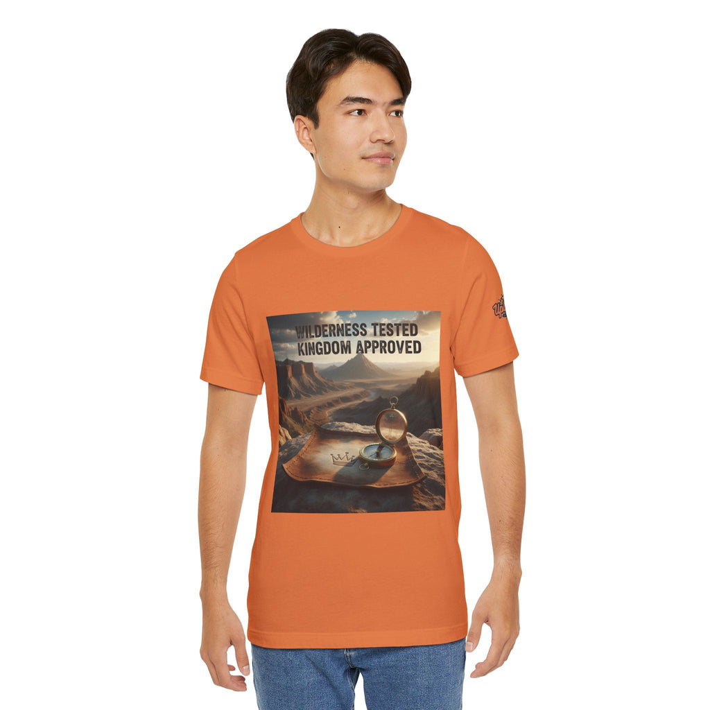 Wilderness Tested Kingdom Approved T-shirt – Mountain Desert Compass Crown Christian T-shirt for Biblical Adventure Faith Printify