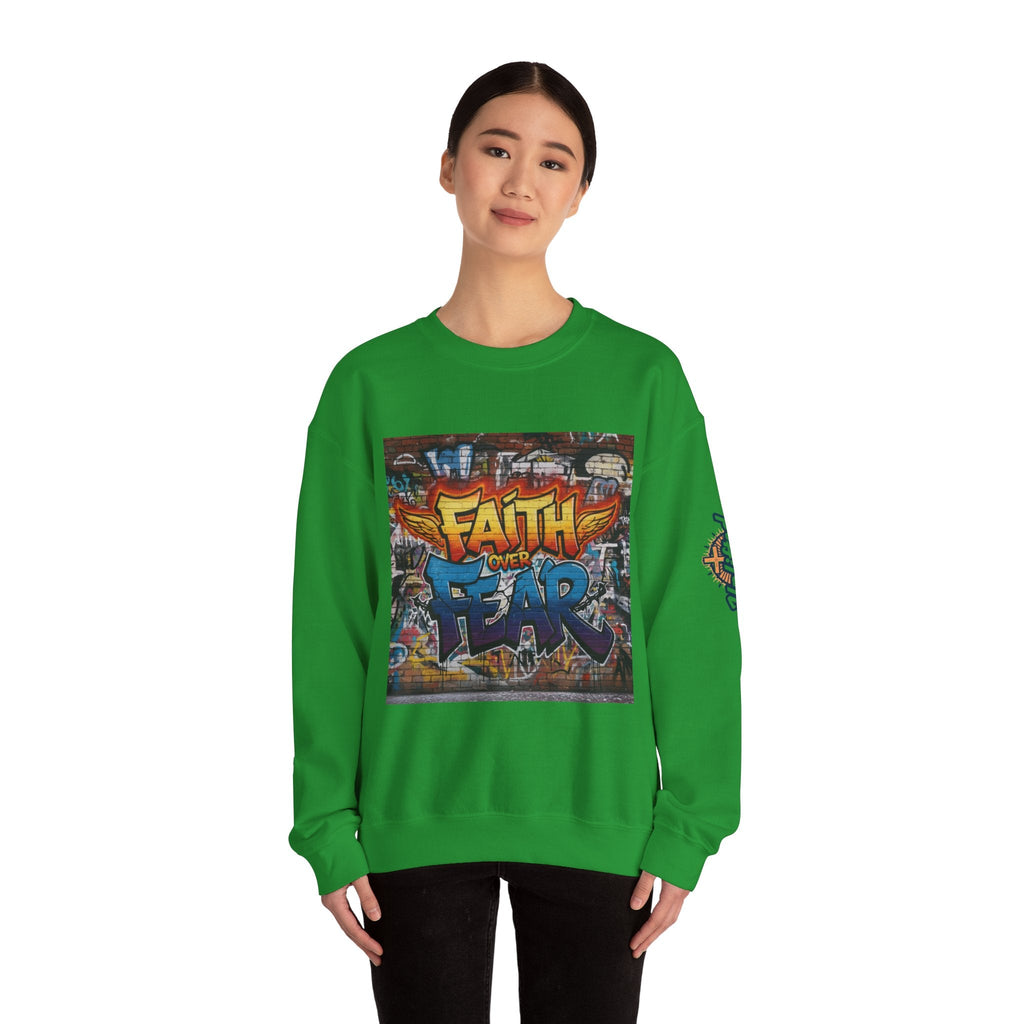 Faith Over Fear Sweatshirt – Graffiti Wall Christian Sweatshirt for Bold 2 Corinthians 5:7 Streetwear & Unshakable Faith Printify