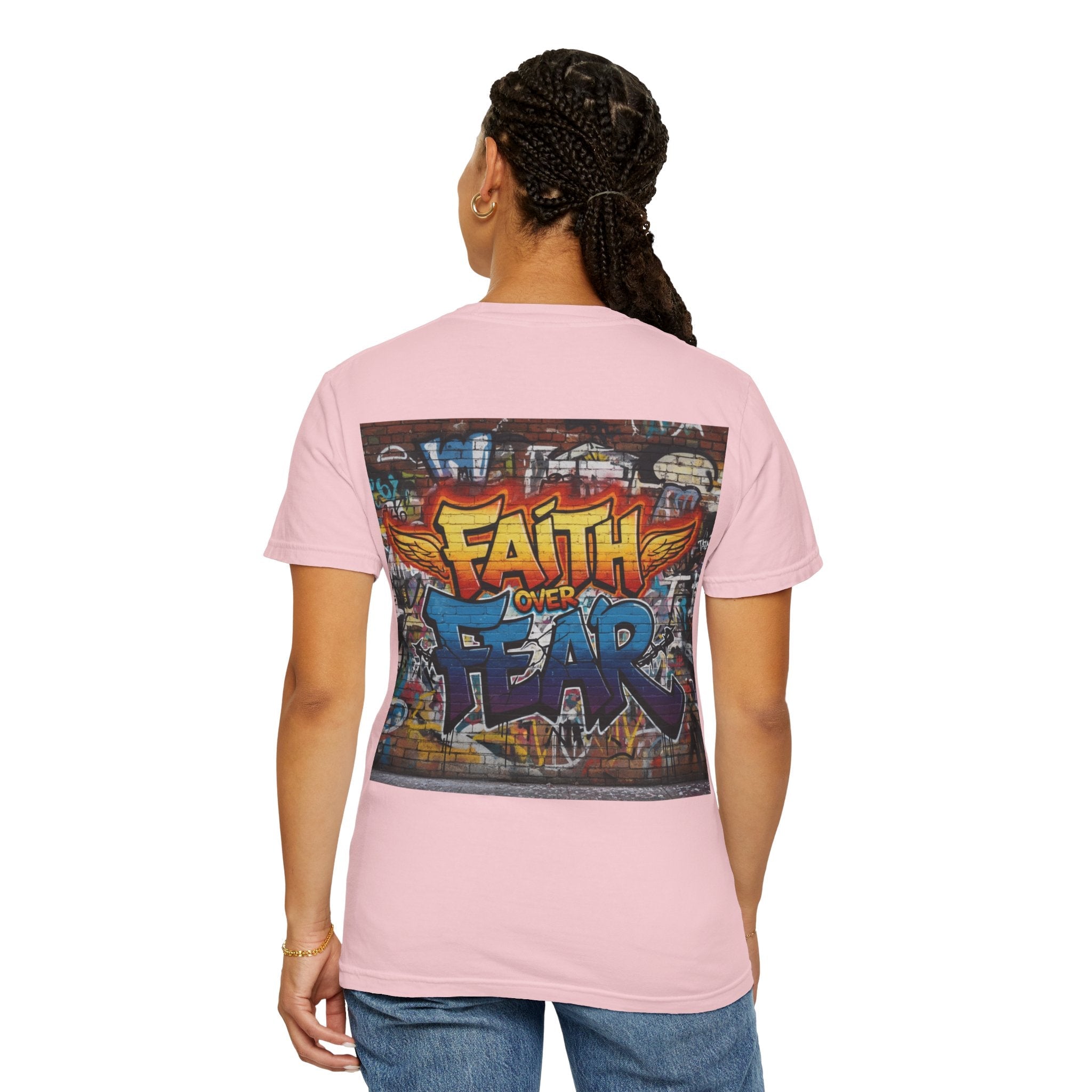 Faith Over Fear T-shirt – Graffiti Wall Christian T-shirt for Bold 2 Corinthians 5:7 Streetwear & Unshakable Faith Printify