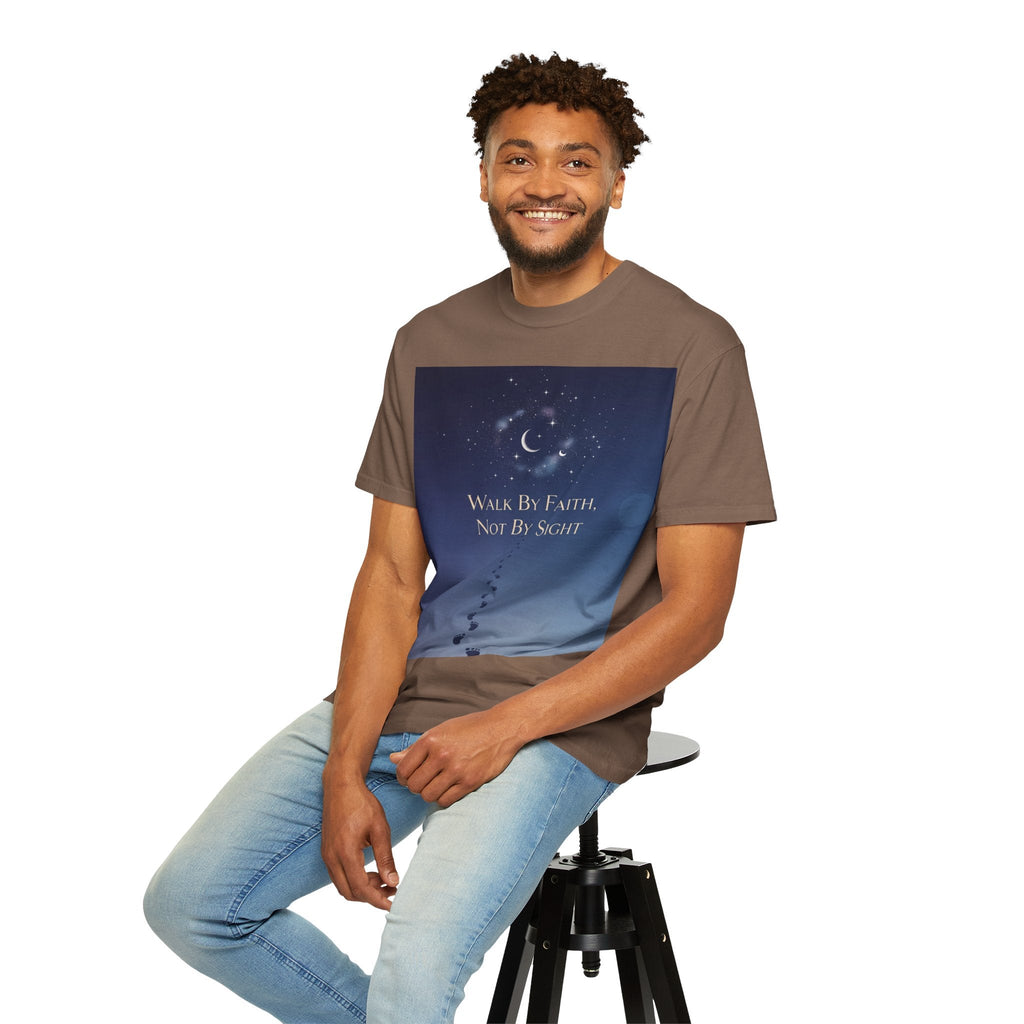 Walk by Faith, Not by Sight T-Shirt – Footprints in the Sand Christian Moonlit Tee Printify