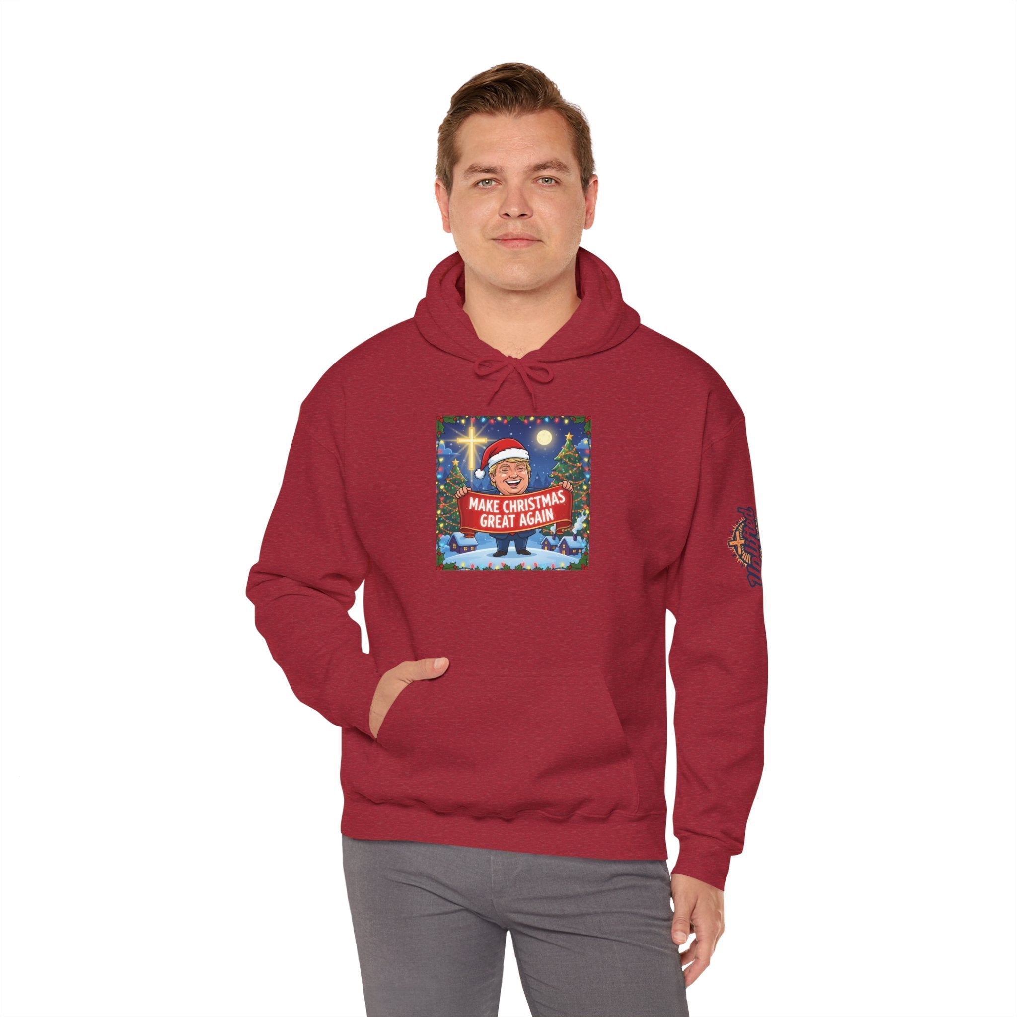 🎄 Make Christmas Great Again – Patriotic Christian Christmas Hoodie | Bold Holiday Faith Tee | Red & White Banner Design | Uplifted Gear Printify
