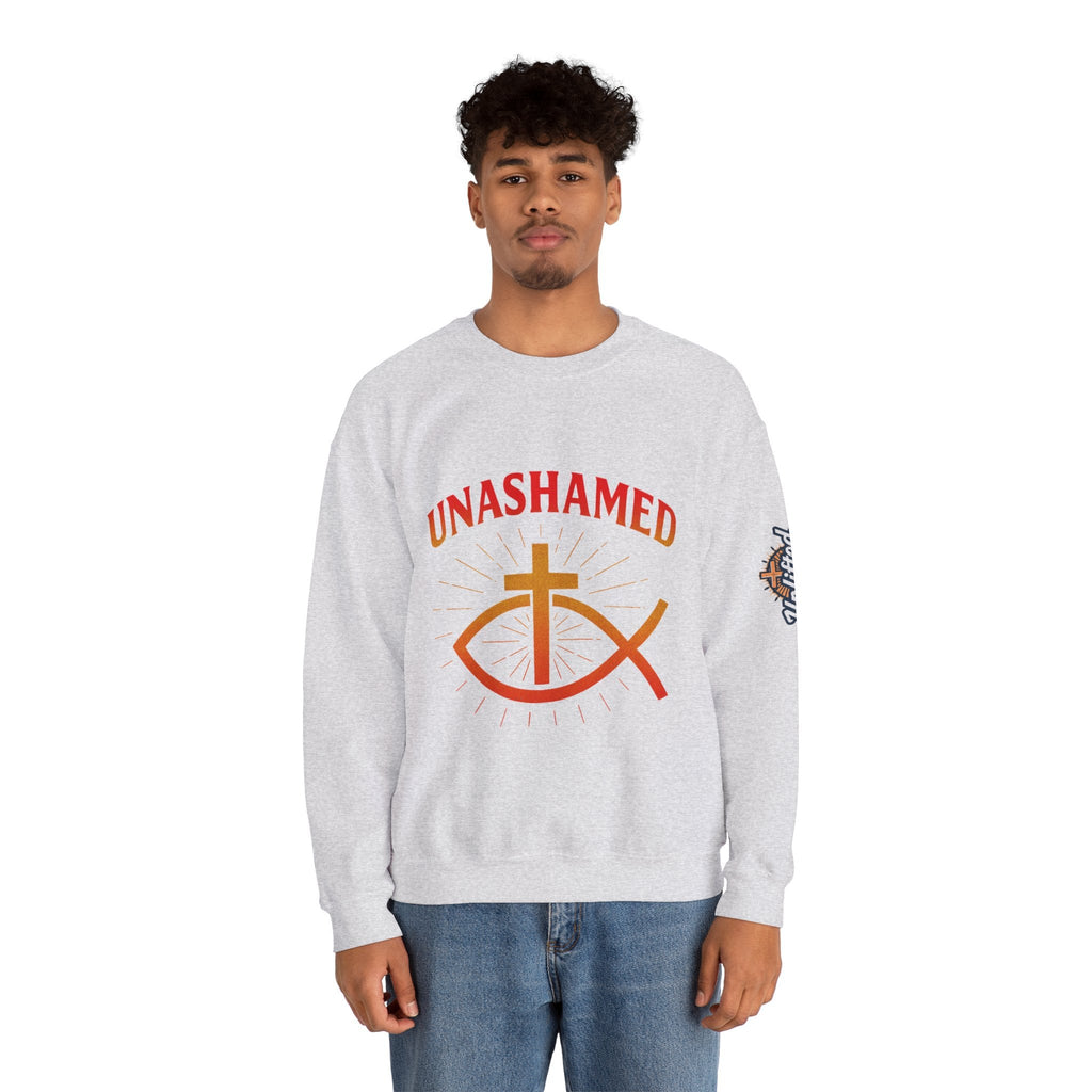 Unashamed Sweatshirt – Ichthys Jesus Fish & Cross Christian Sweatshirt for Romans 1:16 Bold Faith Printify