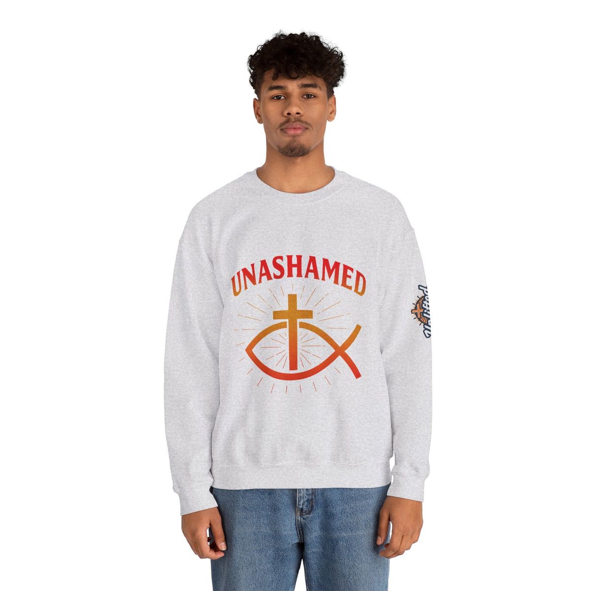 Unashamed Sweatshirt – Ichthys Jesus Fish & Cross Christian Sweatshirt for Romans 1:16 Bold Faith Printify