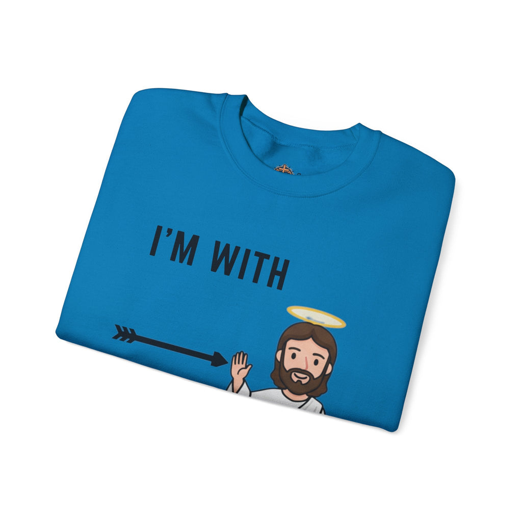 🔥 I’m With Him → Christian Sweatshirt | Arrow Pointing to Jesus | Minimalist Faith Tee | Subtle Cross Design | Bible-Inspired Apparel by Uplifted Gear Printify