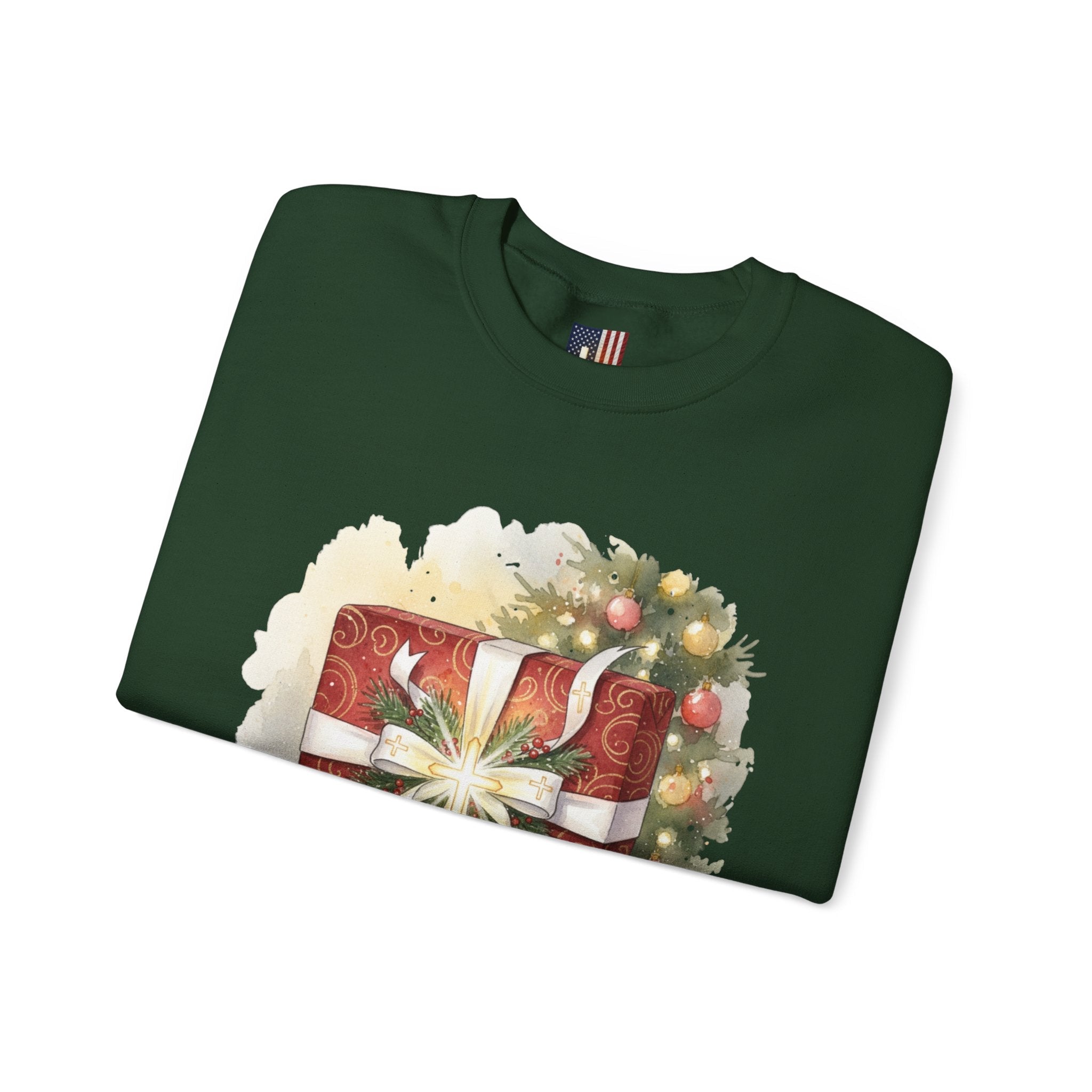 The Greatest Gift Sweatshirt – Cross Bow Present Christian Sweatshirt for Christmas Salvation & Eternal Faith Printify