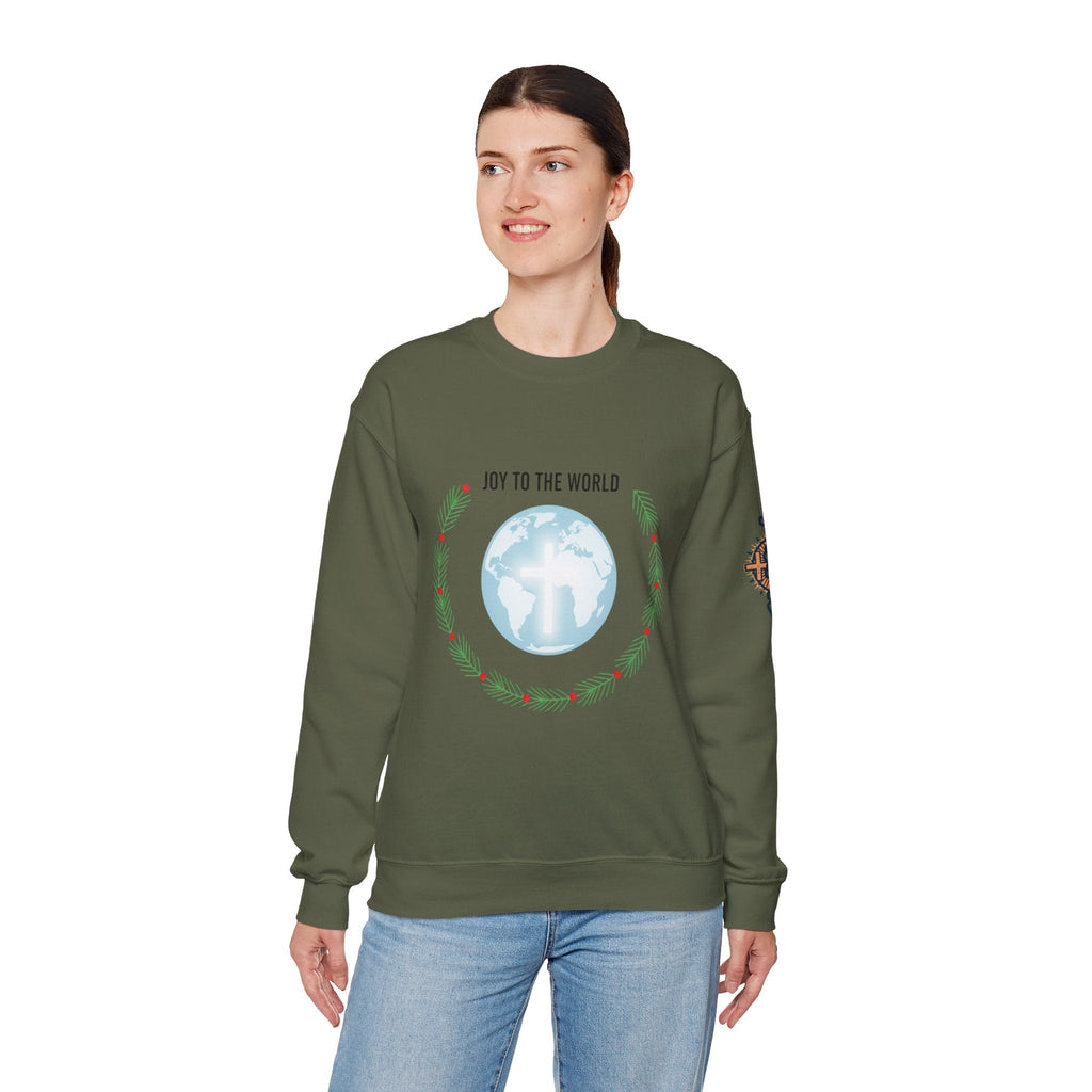 Joy to the World Sweatshirt – Wreath Earth Nativity Christian Christmas Sweatshirt for Isaiah 9:6 Holiday Faith & Festive Joy Printify
