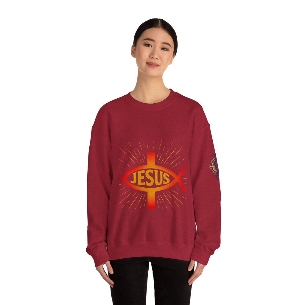 Jesus Ichthys Sweatshirt – Christian Fish Symbol with Cross & Jesus Inscription Sweatshirt for Eternal Faith & Streetwear Printify