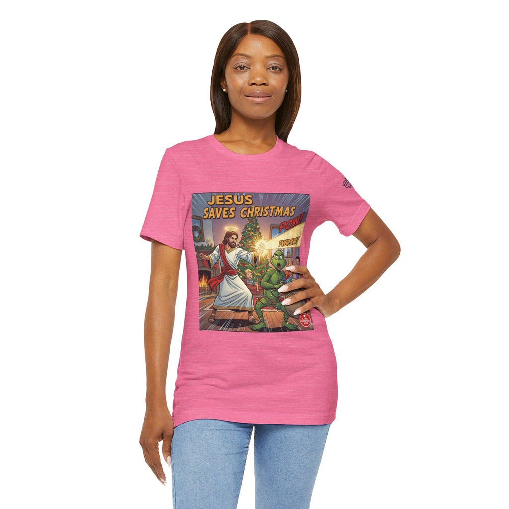 Jesus Saves Christmas T-shirt – Grinch vs Savior Light Battle Christian T-shirt for Hilarious Holiday Faith & True Joy Printify