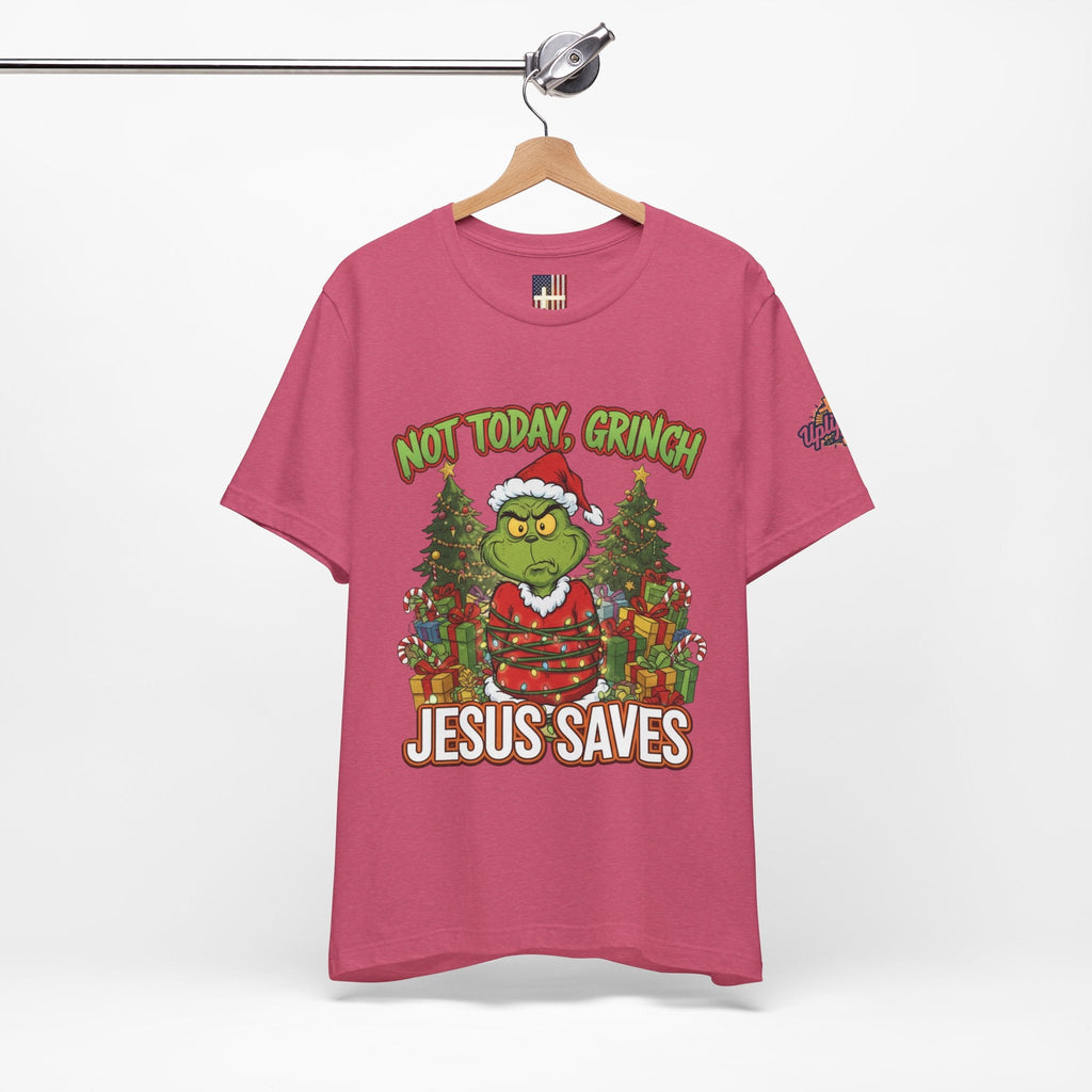 🎄 Not Today, Grinch – Jesus Saves | Funny Christian Christmas T-Shirt | Sulking Grinch & Glowing Cross | Bold Neon Faith Tee by Uplifted Gear Printify