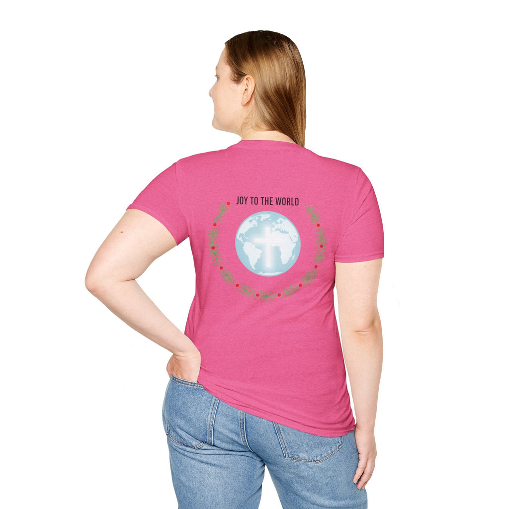 Joy to the World T-shirt – Wreath Earth Nativity Christian Christmas T-shirt for Isaiah 9:6 Holiday Faith & Festive Joy Printify